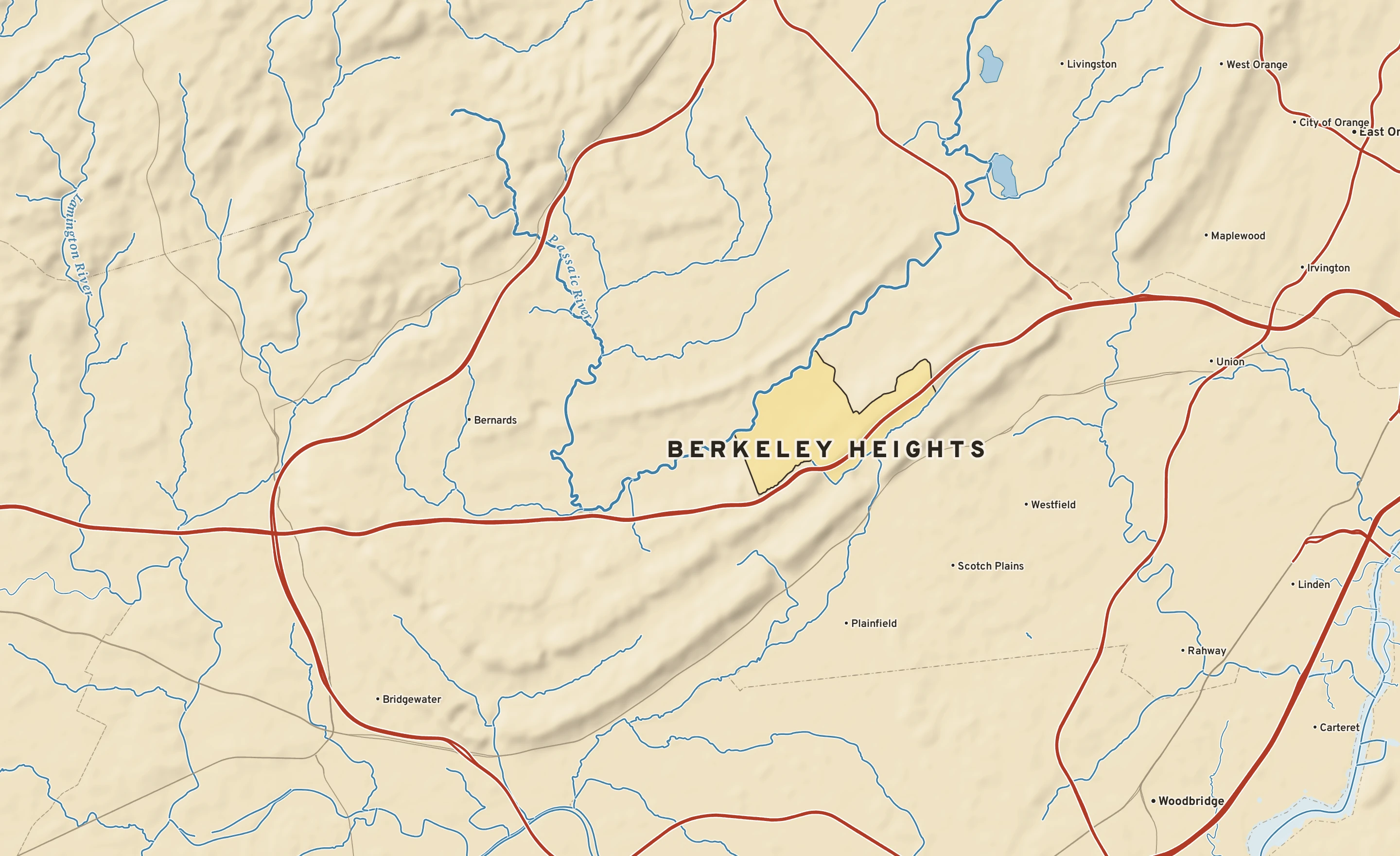 Shaded-relief atlas plate of Berkeley Heights, New Jersey: rivers, roads, the city limits and where the water drains.