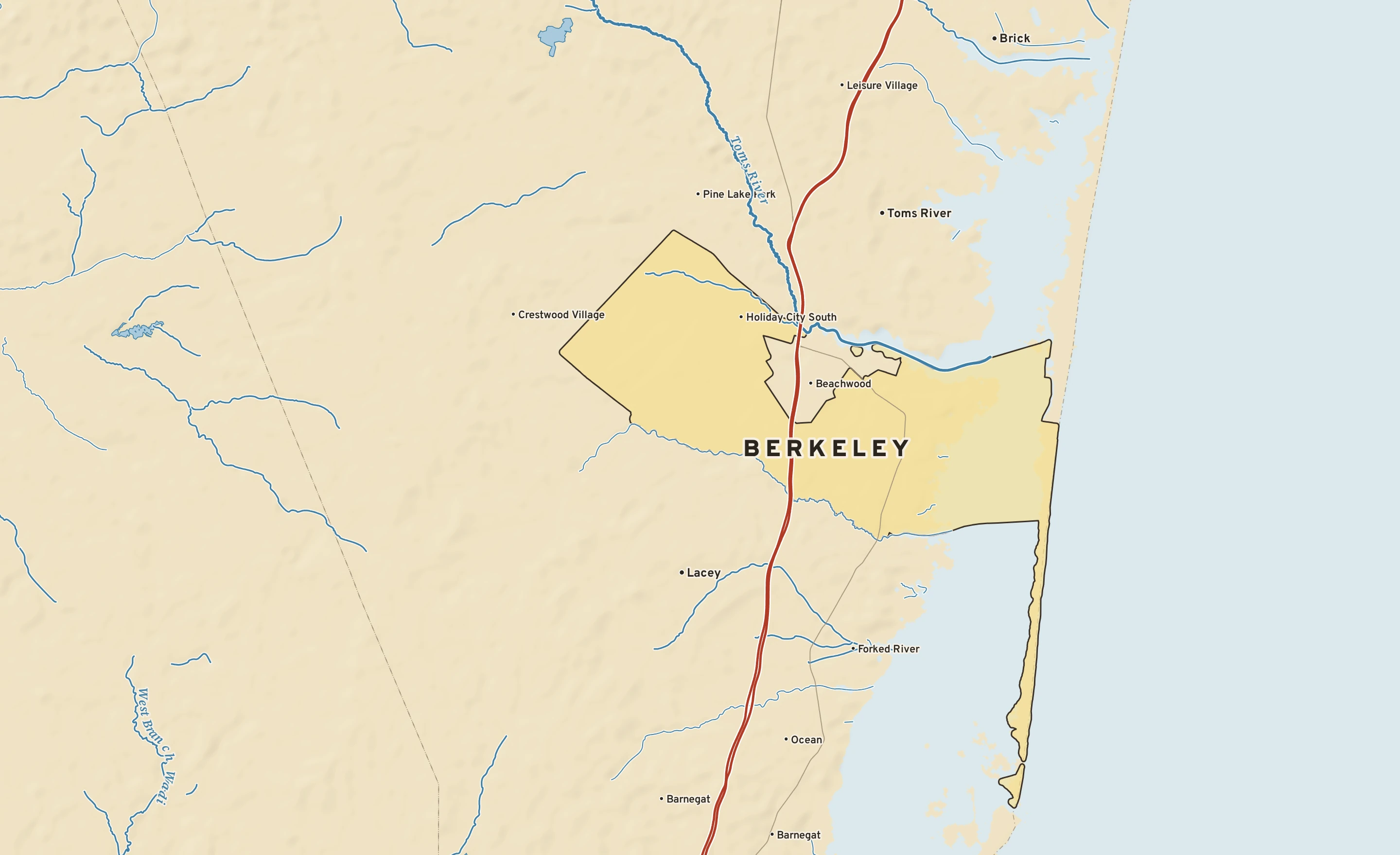Shaded-relief atlas plate of Berkeley, New Jersey: rivers, roads, the city limits and where the water drains.