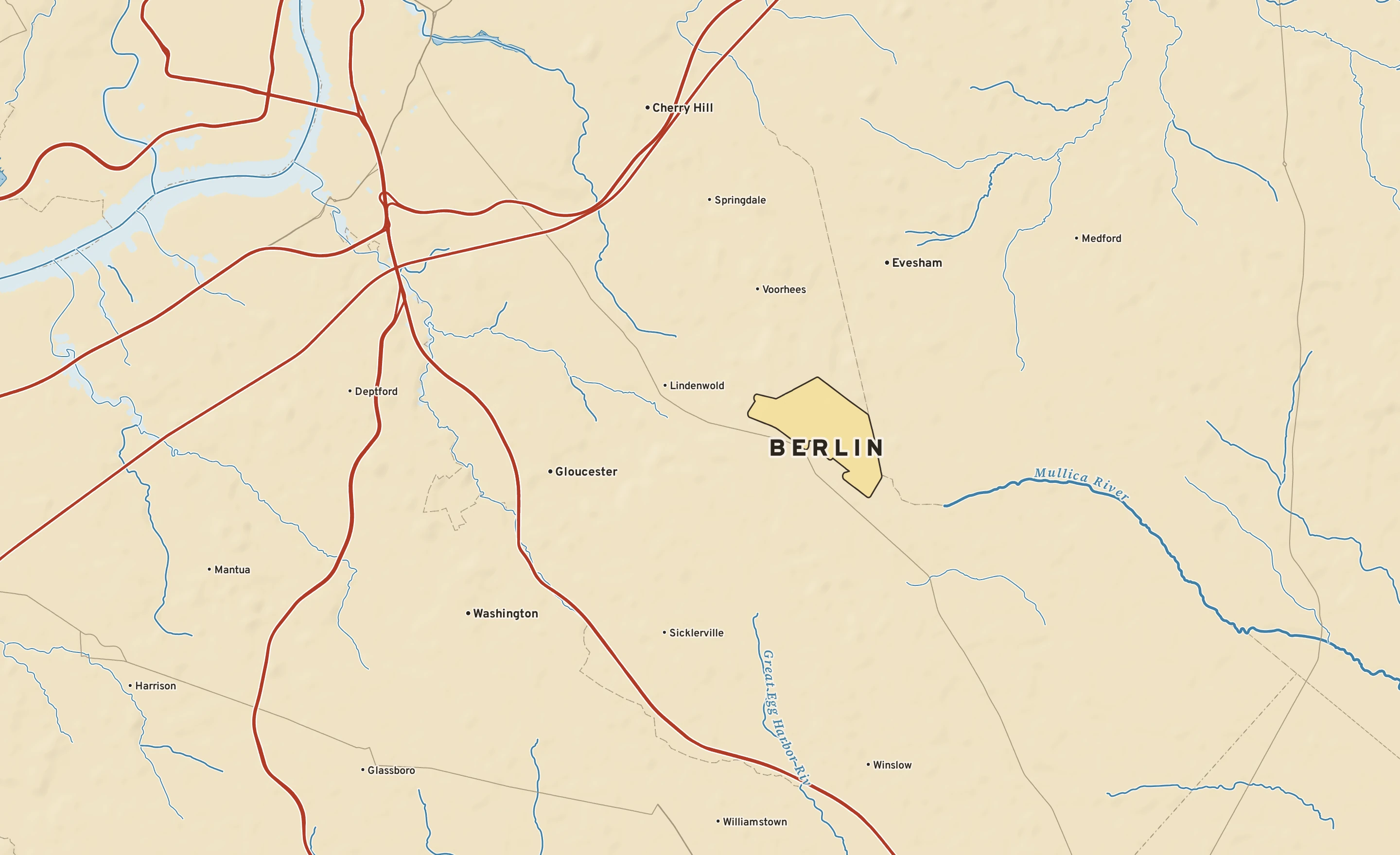 Shaded-relief atlas plate of Berlin, New Jersey: rivers, roads, the city limits and where the water drains.