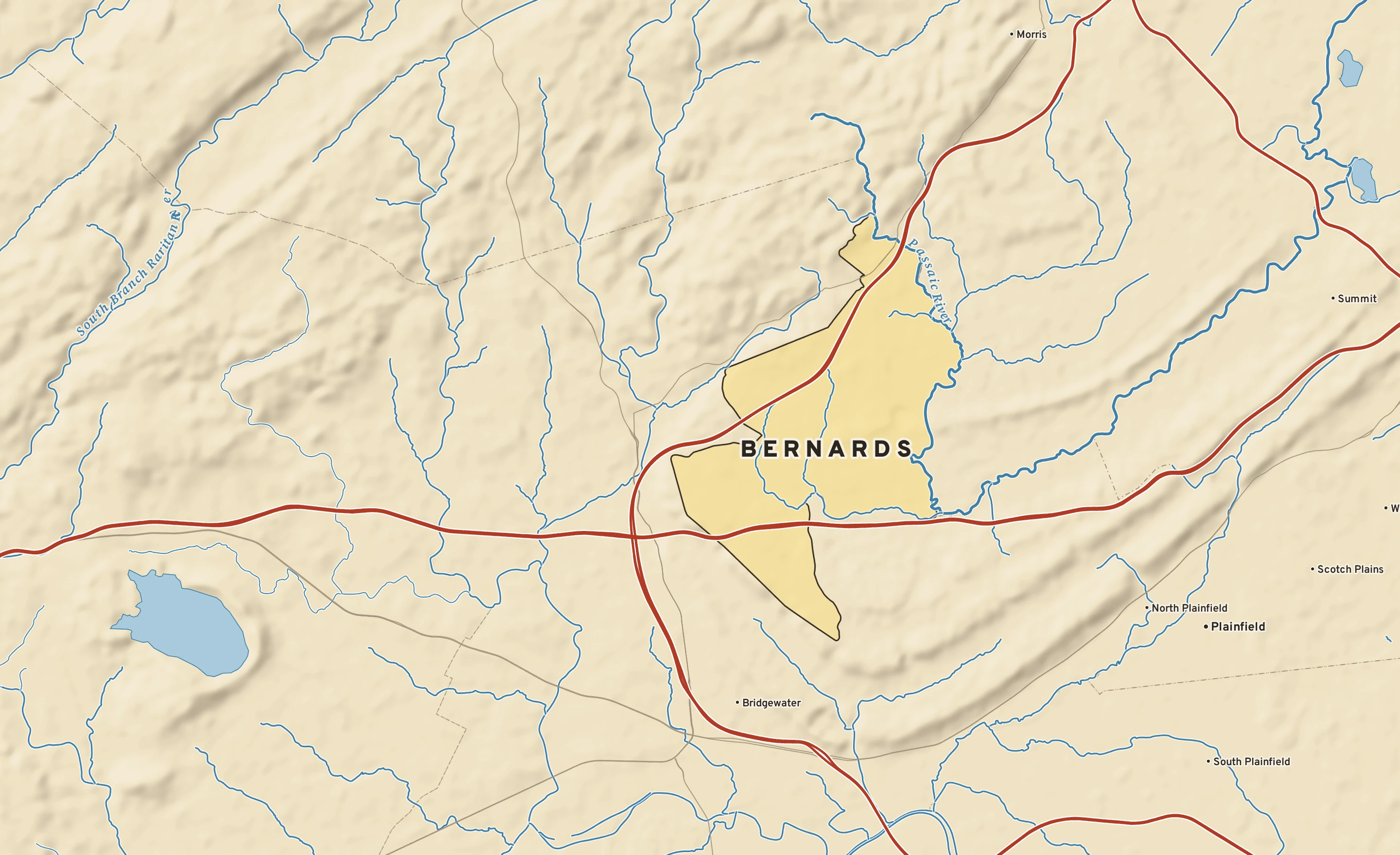 Shaded-relief atlas plate of Bernards, New Jersey: rivers, roads, the city limits and where the water drains.