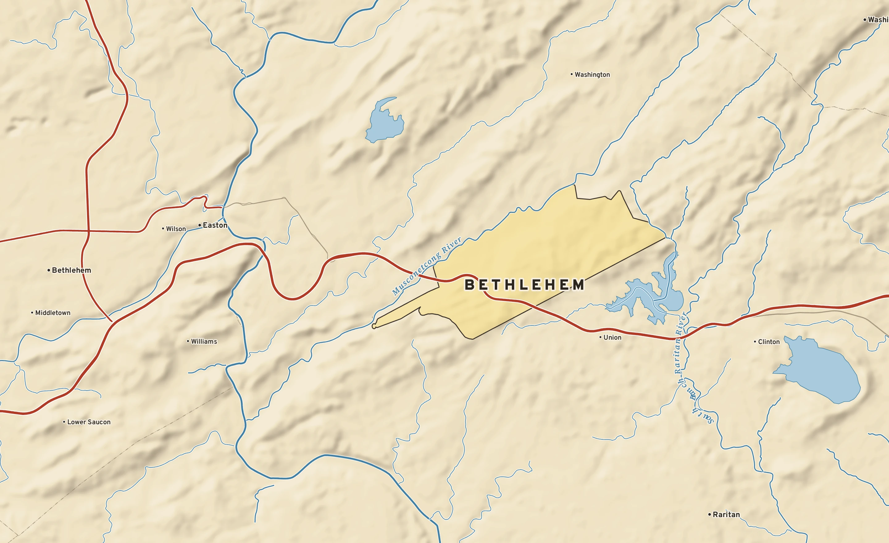 Shaded-relief atlas plate of Bethlehem, New Jersey: rivers, roads, the city limits and where the water drains.