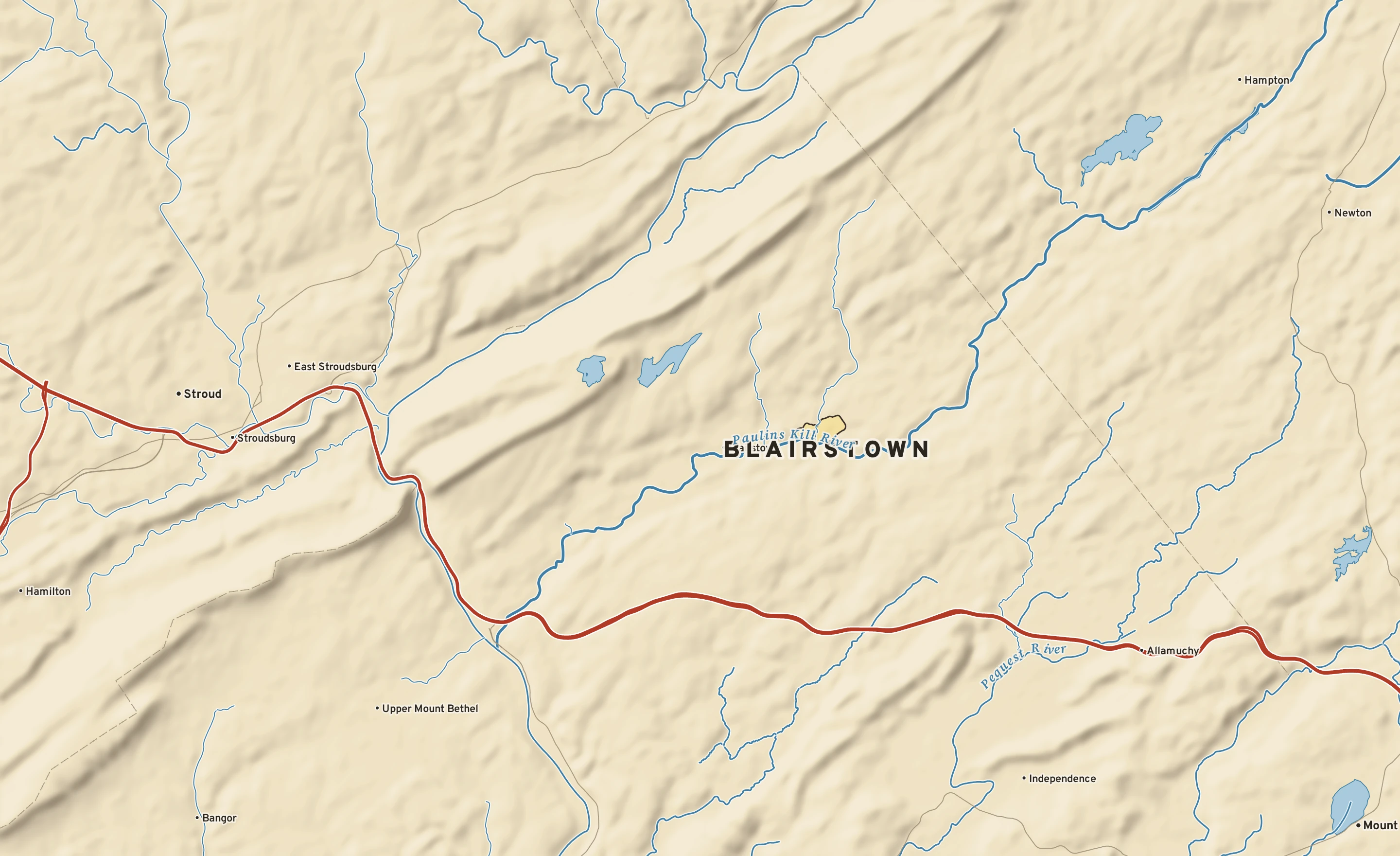 Shaded-relief atlas plate of Blairstown, New Jersey: rivers, roads, the city limits and where the water drains.
