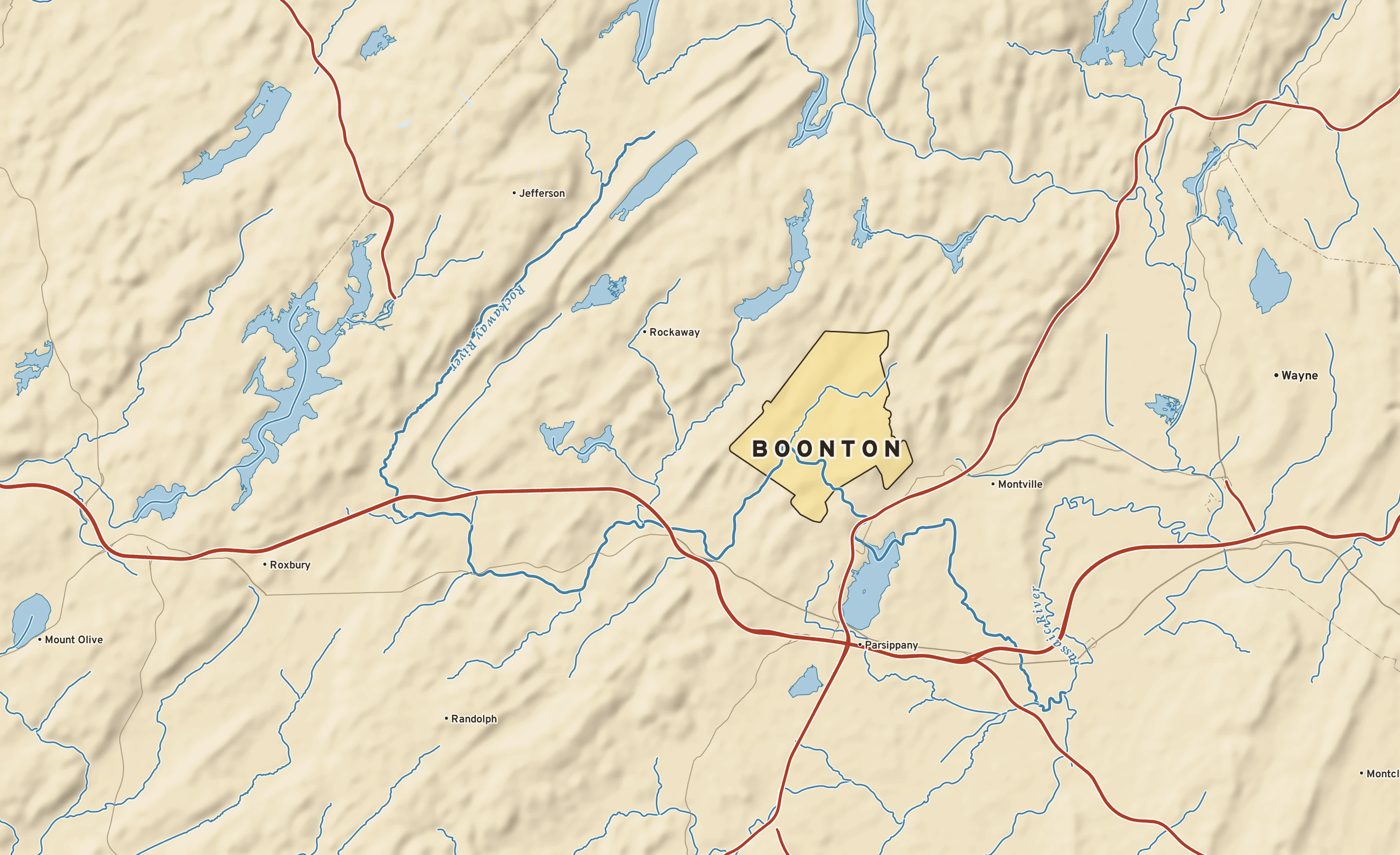 Shaded-relief atlas plate of Boonton, New Jersey: rivers, roads, the city limits and where the water drains.