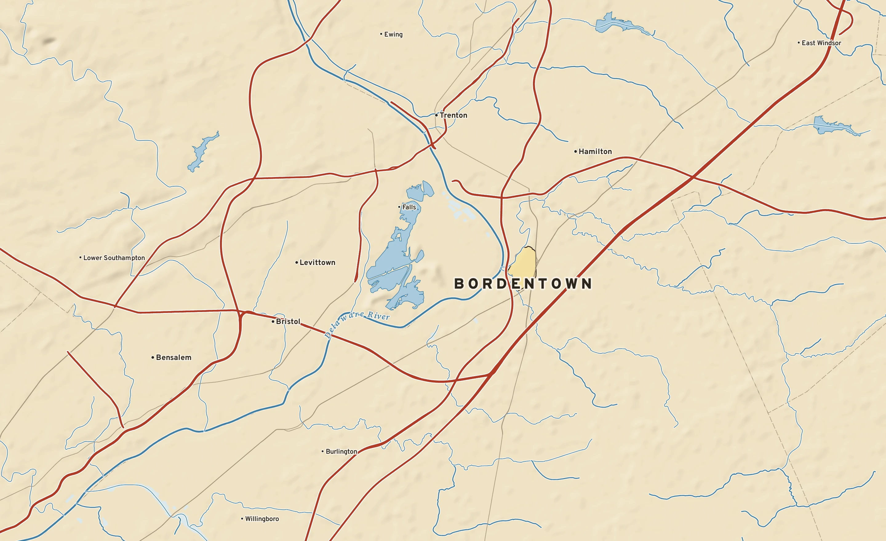 Shaded-relief atlas plate of Bordentown, New Jersey: rivers, roads, the city limits and where the water drains.