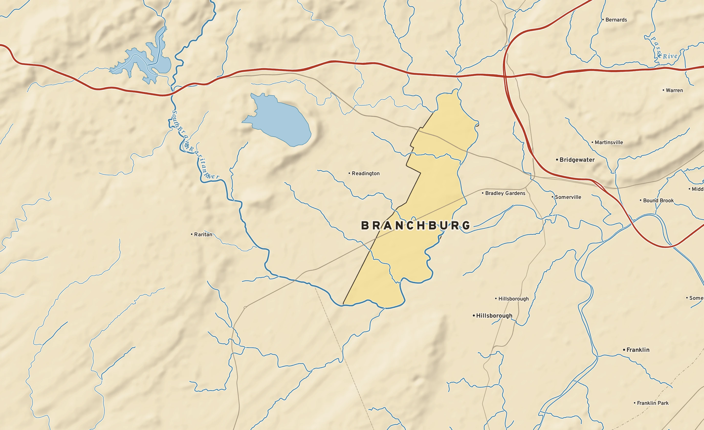 Shaded-relief atlas plate of Branchburg, New Jersey: rivers, roads, the city limits and where the water drains.