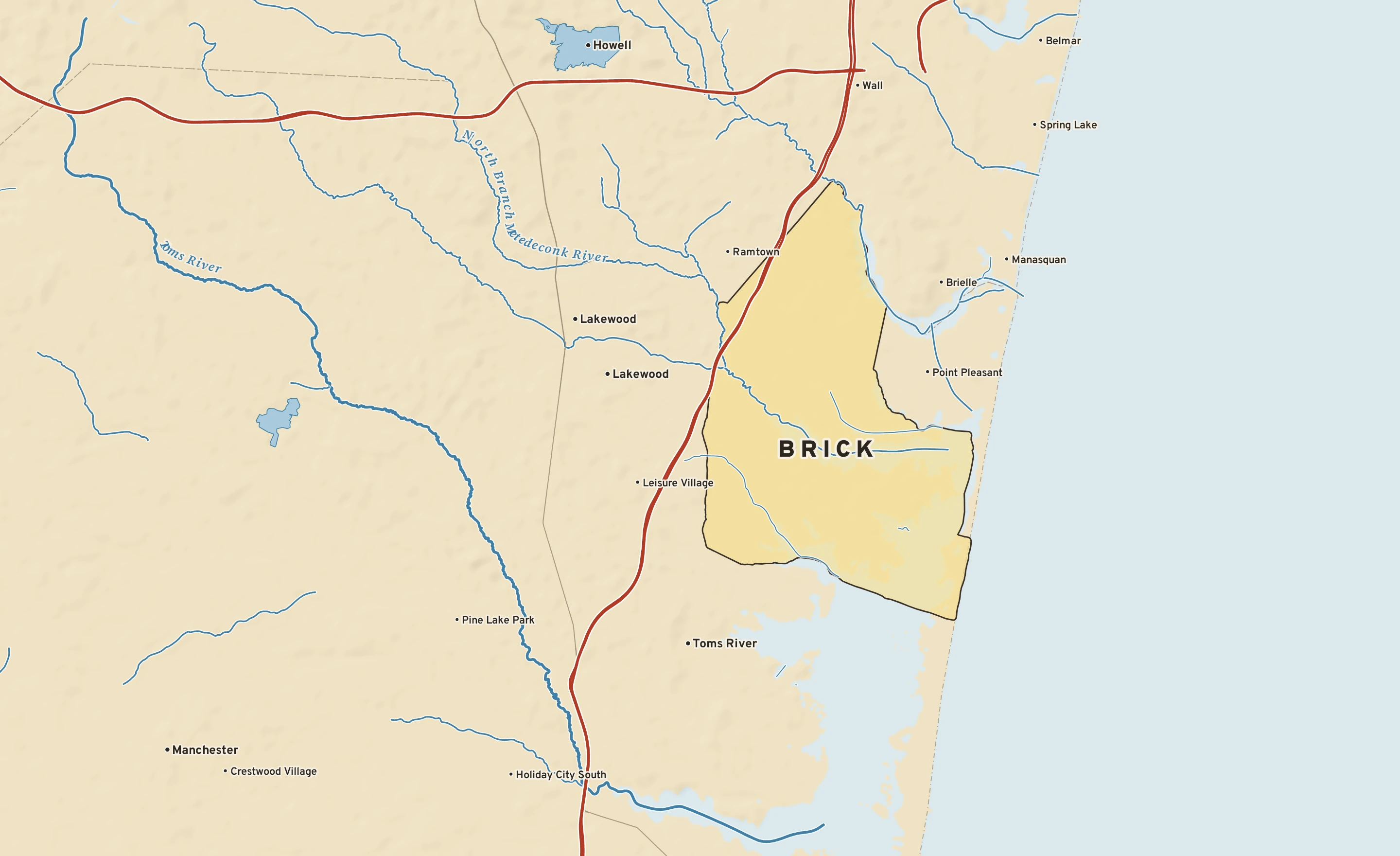 Shaded-relief atlas plate of Brick, New Jersey: rivers, roads, the city limits and where the water drains.
