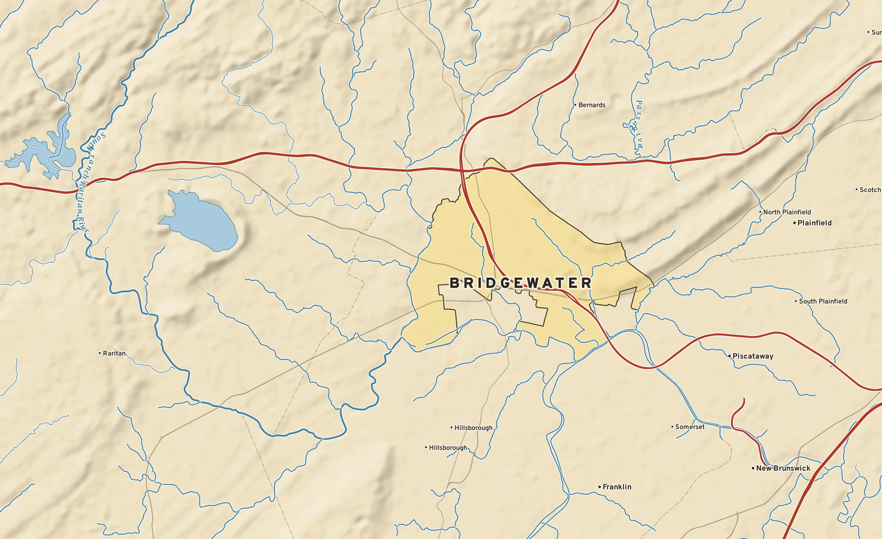 Shaded-relief atlas plate of Bridgewater, New Jersey: rivers, roads, the city limits and where the water drains.