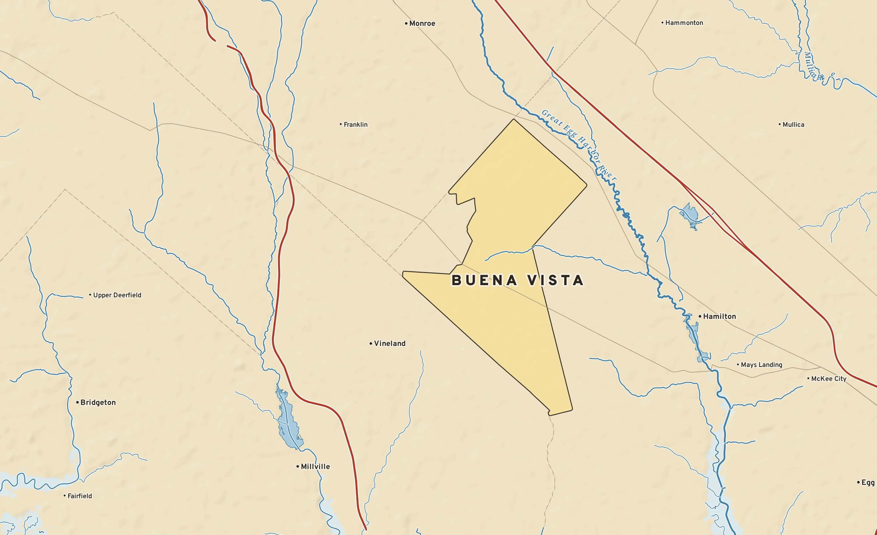 Shaded-relief atlas plate of Buena Vista, New Jersey: rivers, roads, the city limits and where the water drains.