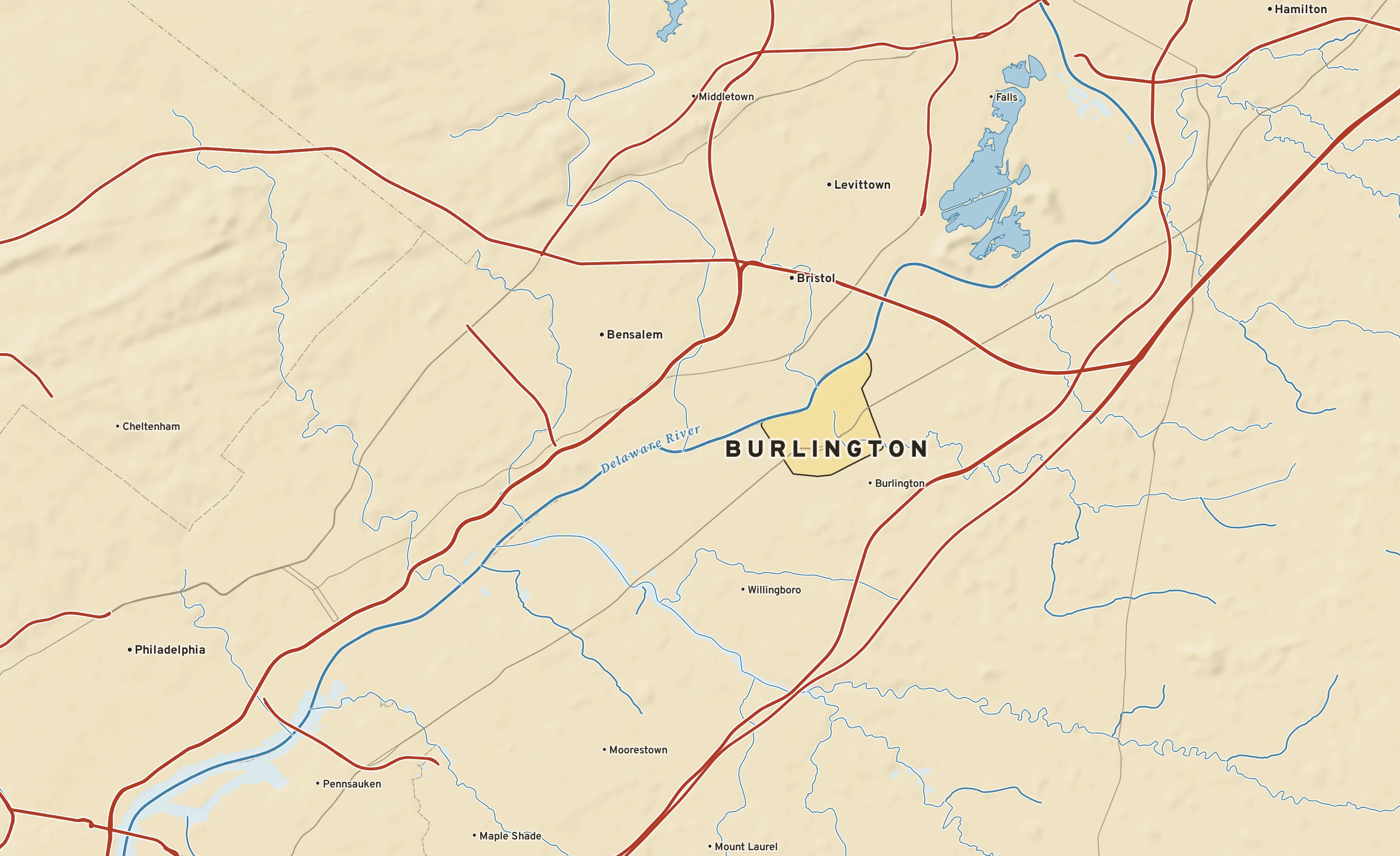 Shaded-relief atlas plate of Burlington, New Jersey: rivers, roads, the city limits and where the water drains.