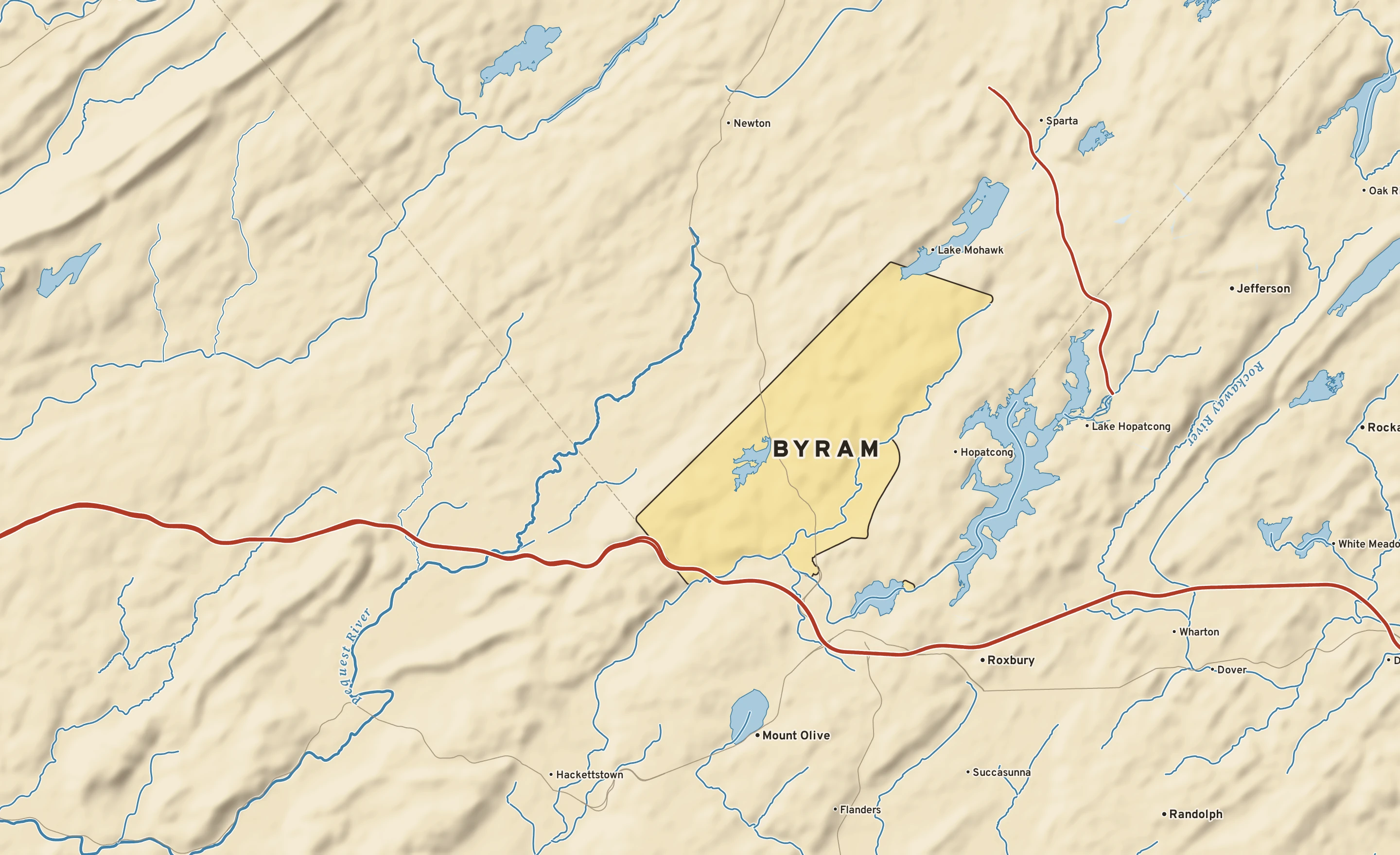 Shaded-relief atlas plate of Byram, New Jersey: rivers, roads, the city limits and where the water drains.