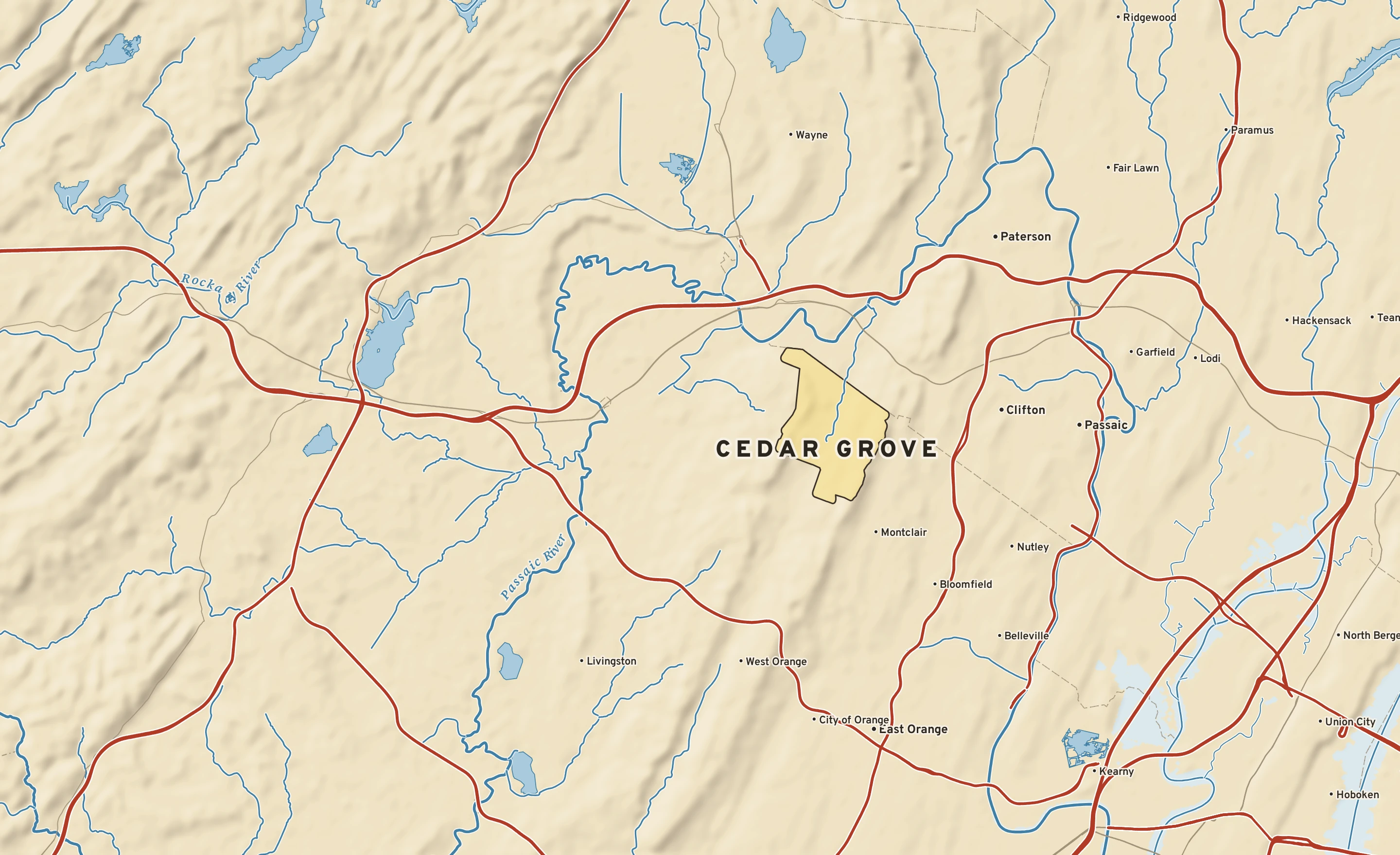 Shaded-relief atlas plate of Cedar Grove, New Jersey: rivers, roads, the city limits and where the water drains.