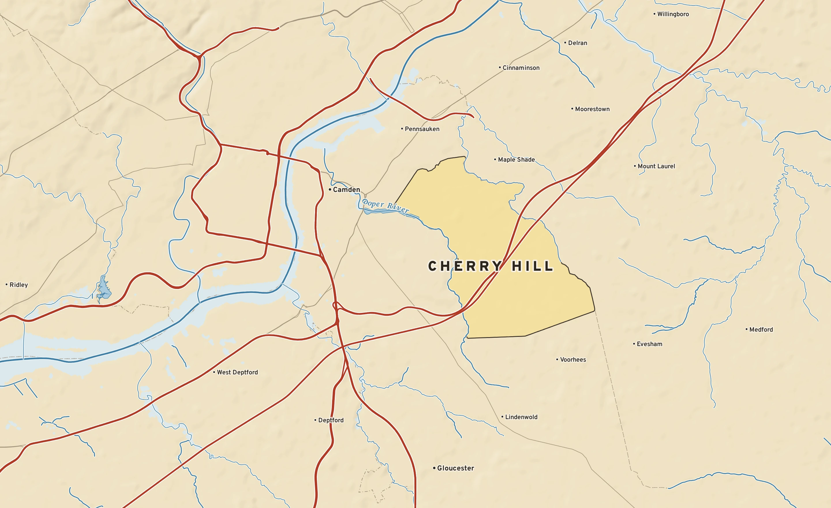 Shaded-relief atlas plate of Cherry Hill, New Jersey: rivers, roads, the city limits and where the water drains.