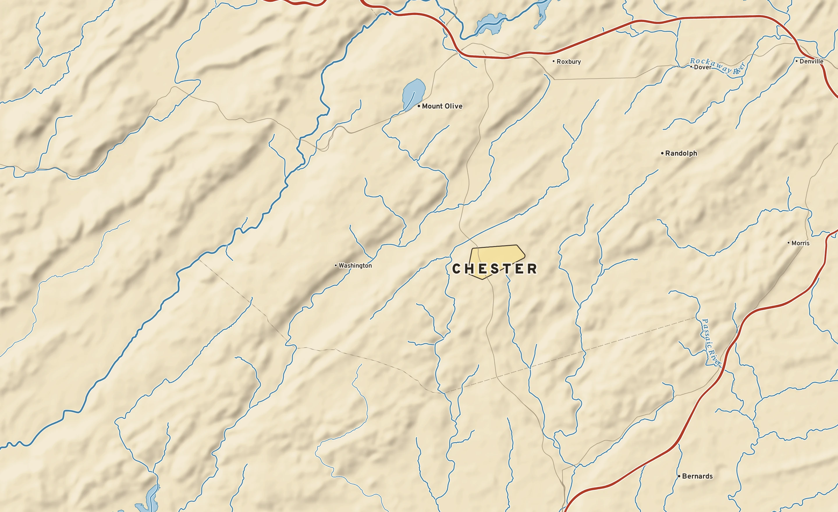 Shaded-relief atlas plate of Chester, New Jersey: rivers, roads, the city limits and where the water drains.
