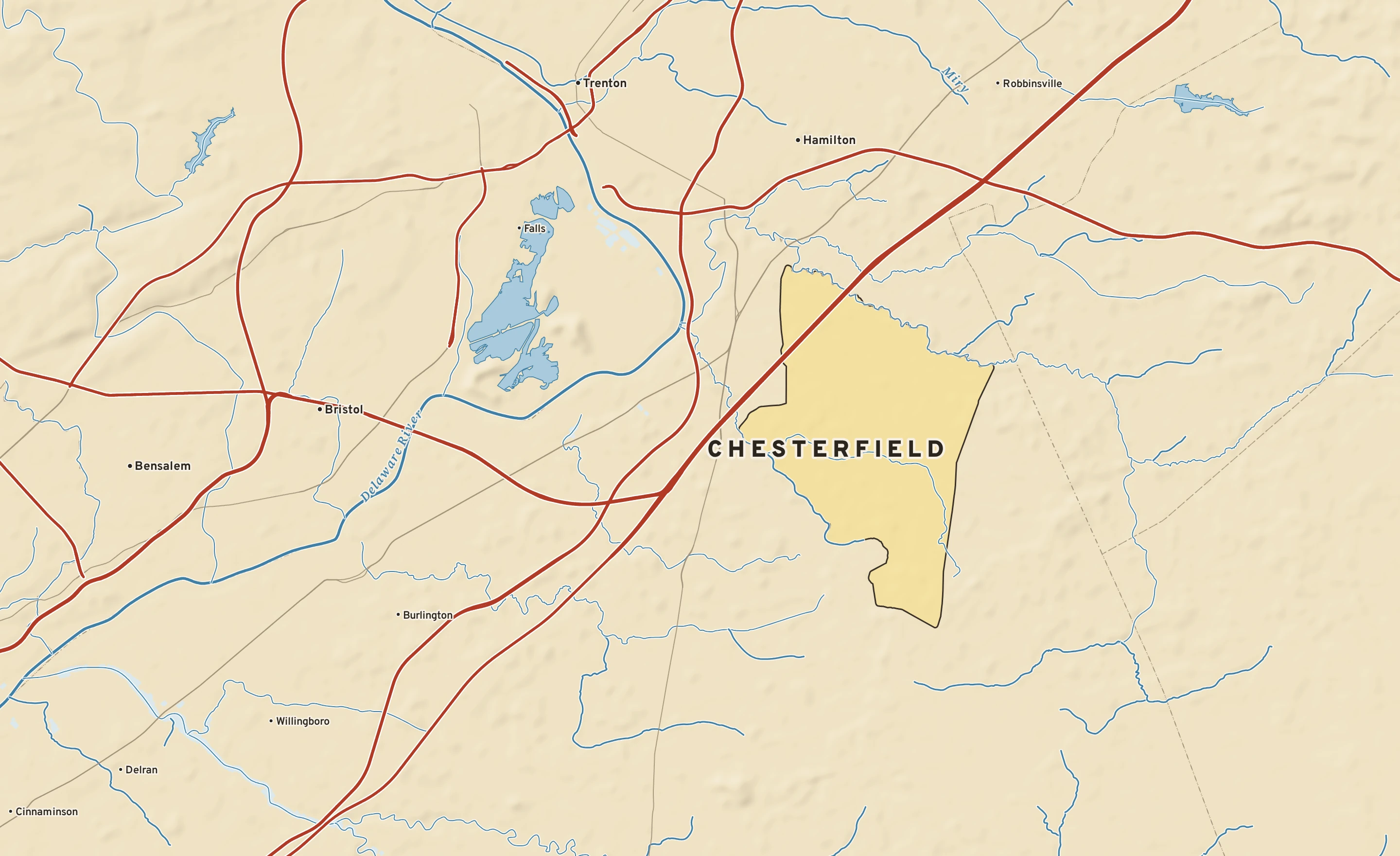 Shaded-relief atlas plate of Chesterfield, New Jersey: rivers, roads, the city limits and where the water drains.
