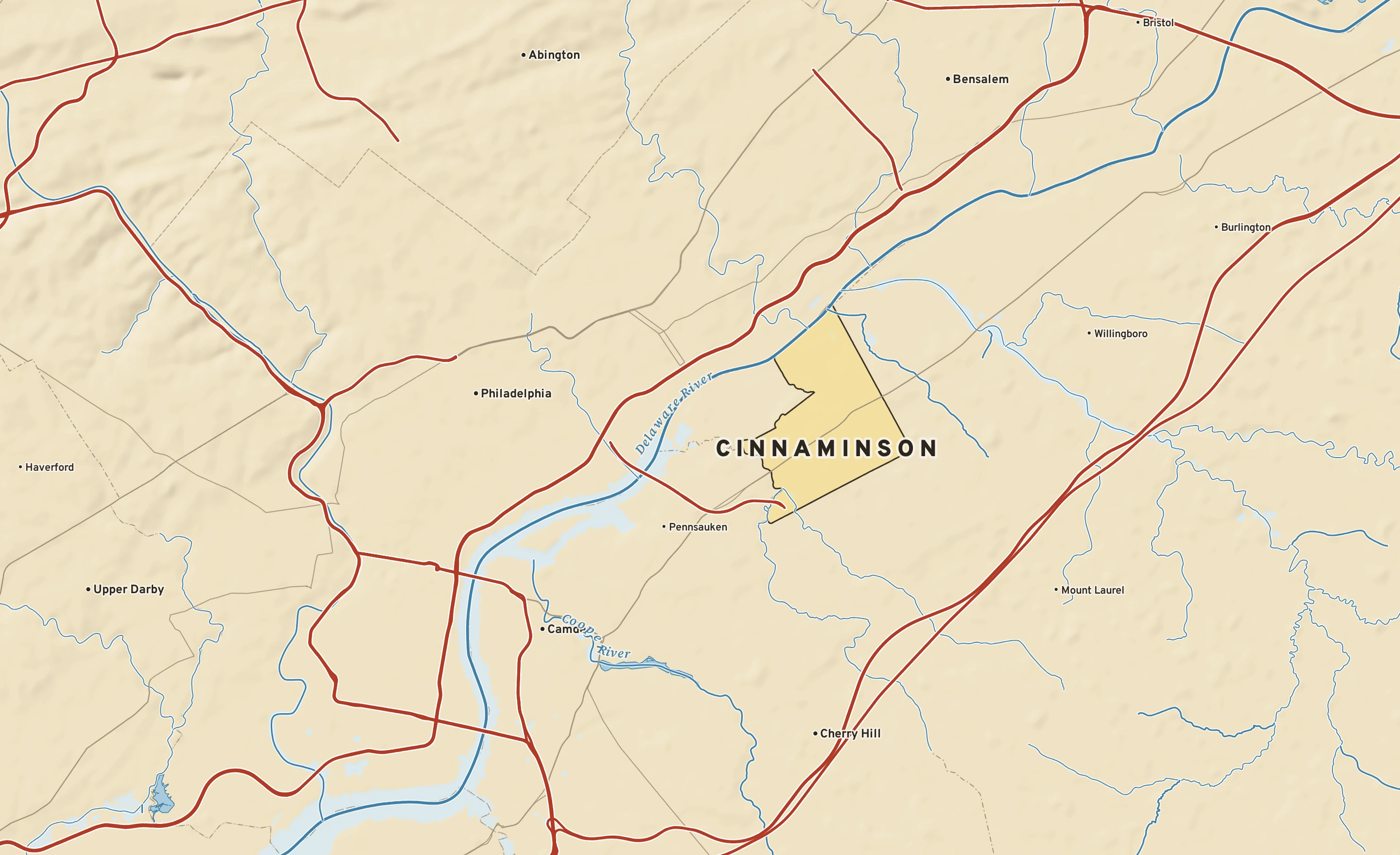 Shaded-relief atlas plate of Cinnaminson, New Jersey: rivers, roads, the city limits and where the water drains.