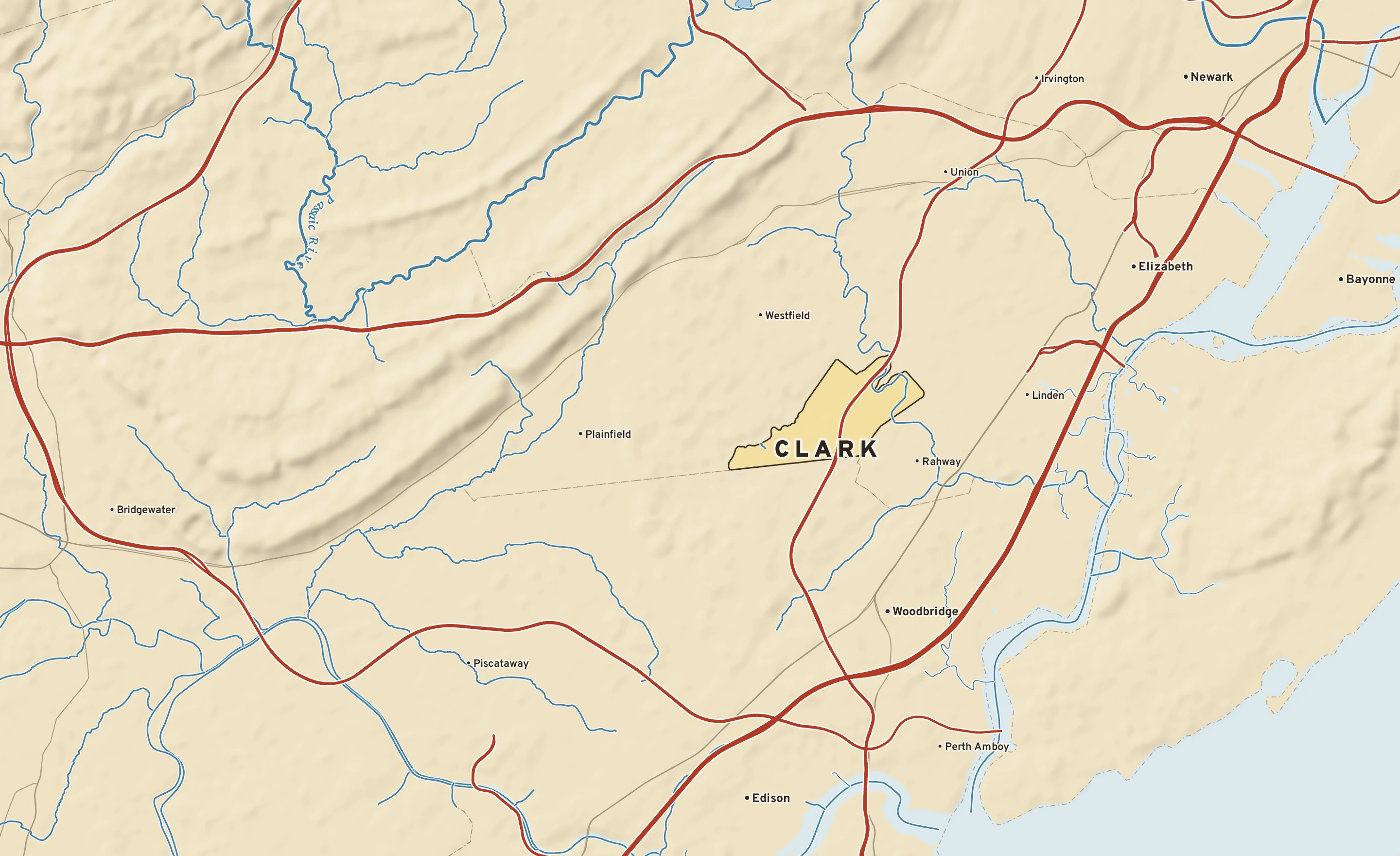Shaded-relief atlas plate of Clark, New Jersey: rivers, roads, the city limits and where the water drains.