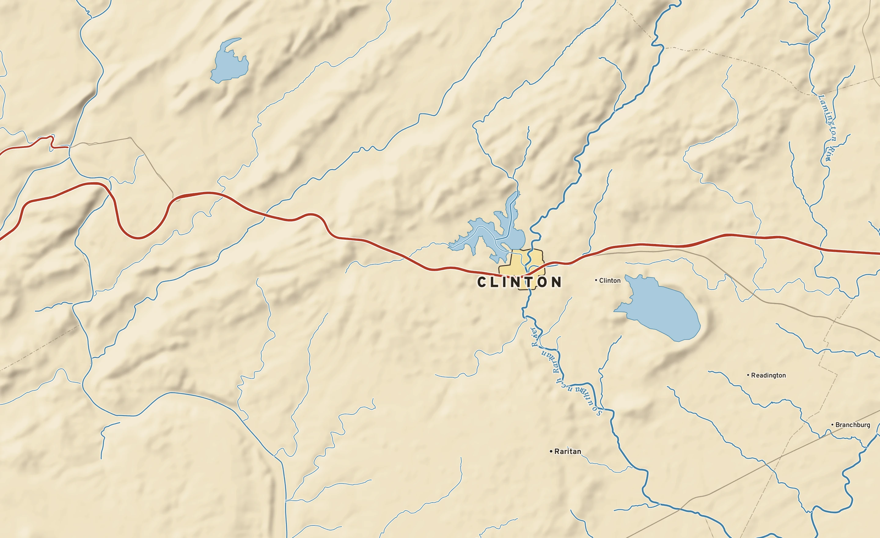 Shaded-relief atlas plate of Clinton, New Jersey: rivers, roads, the city limits and where the water drains.
