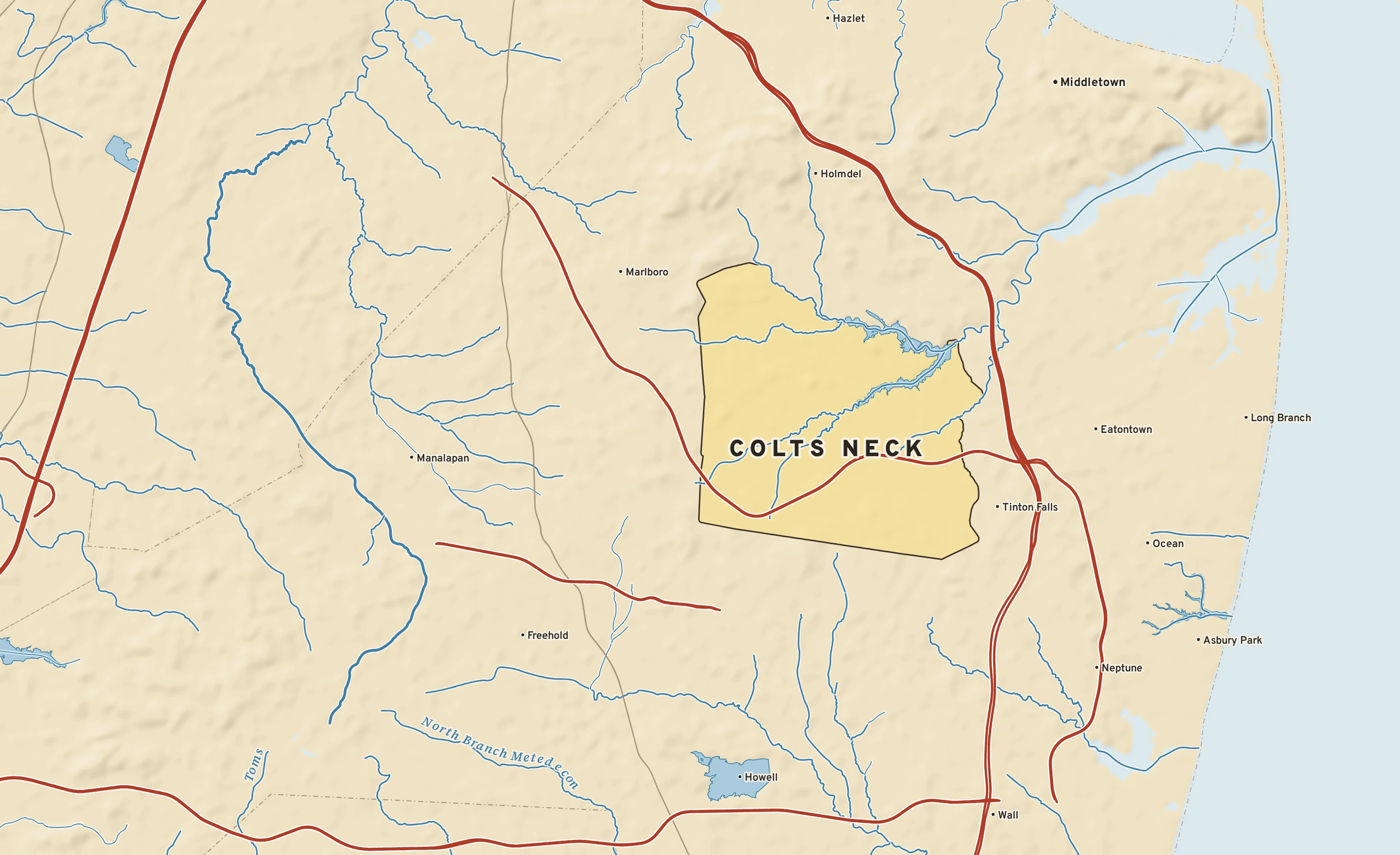 Shaded-relief atlas plate of Colts Neck, New Jersey: rivers, roads, the city limits and where the water drains.