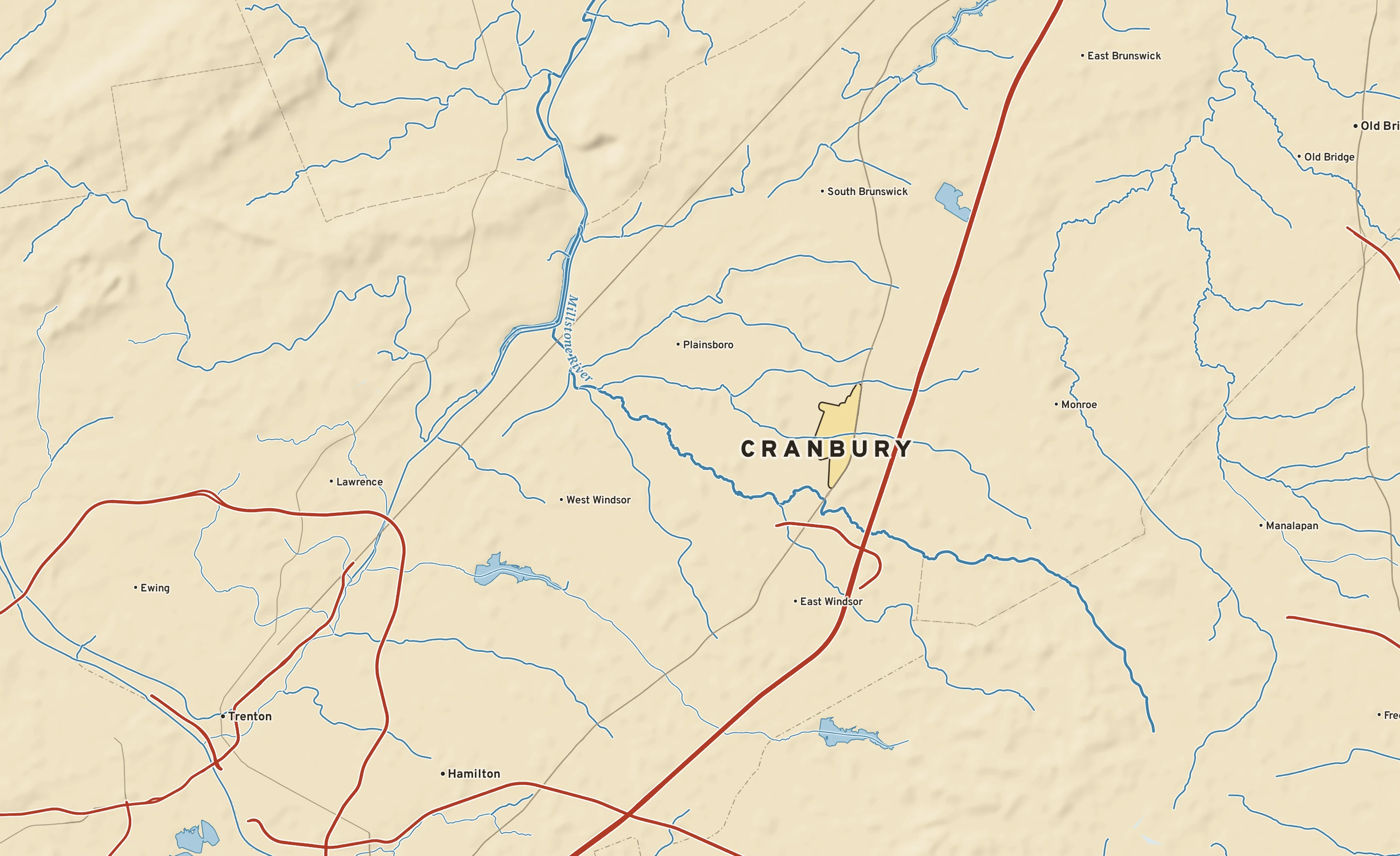 Shaded-relief atlas plate of Cranbury, New Jersey: rivers, roads, the city limits and where the water drains.