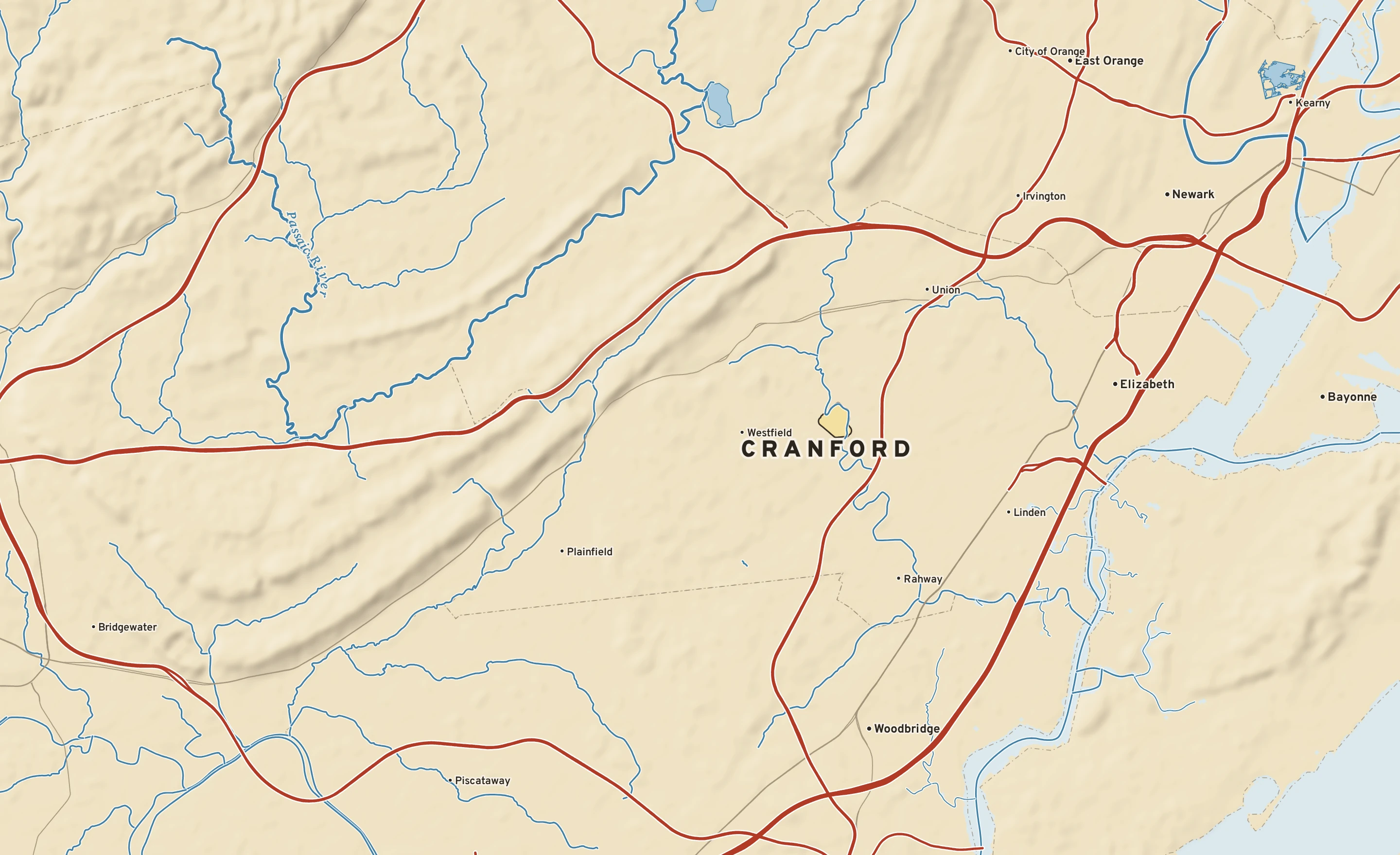 Shaded-relief atlas plate of Cranford, New Jersey: rivers, roads, the city limits and where the water drains.