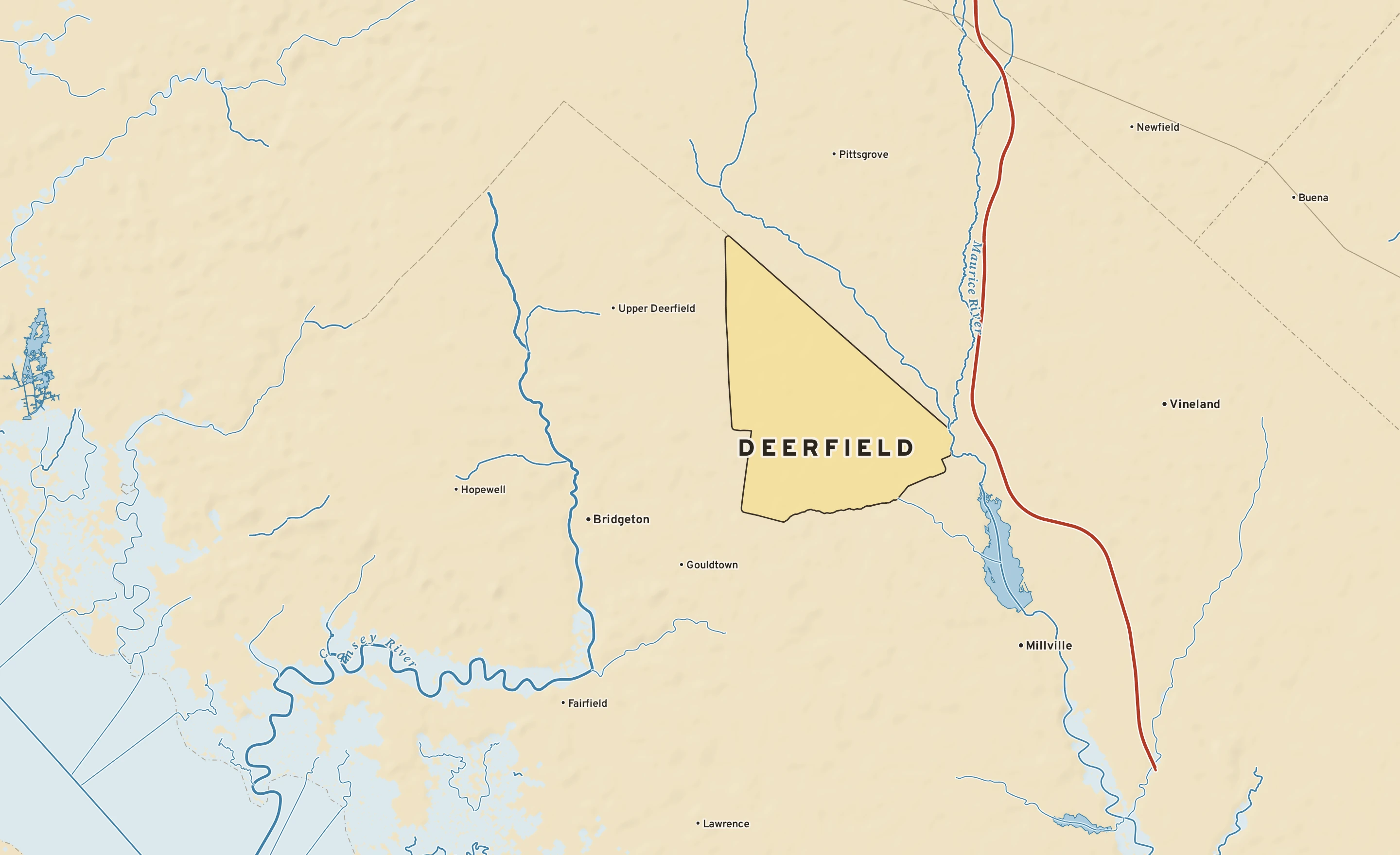 Shaded-relief atlas plate of Deerfield, New Jersey: rivers, roads, the city limits and where the water drains.