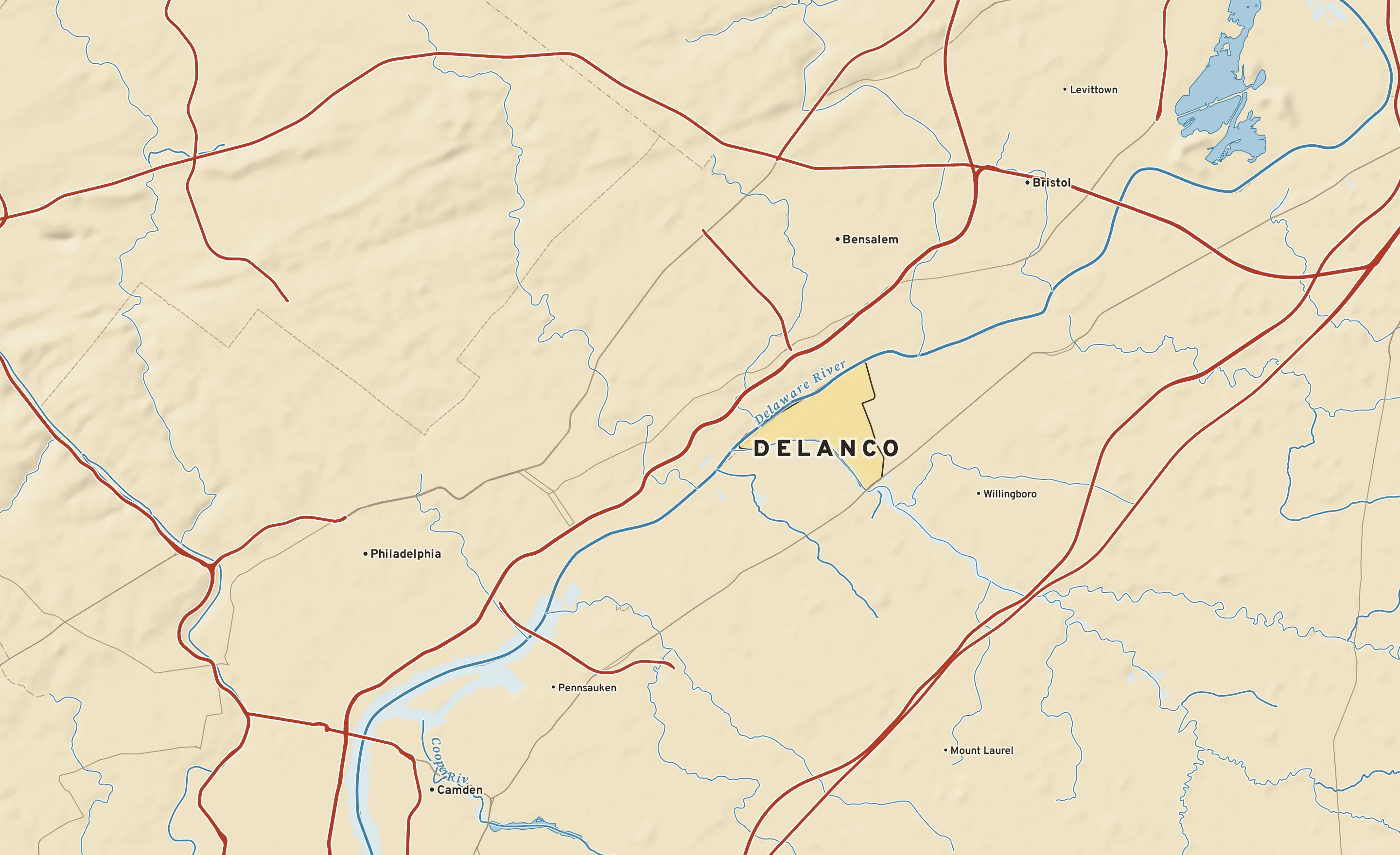Shaded-relief atlas plate of Delanco, New Jersey: rivers, roads, the city limits and where the water drains.