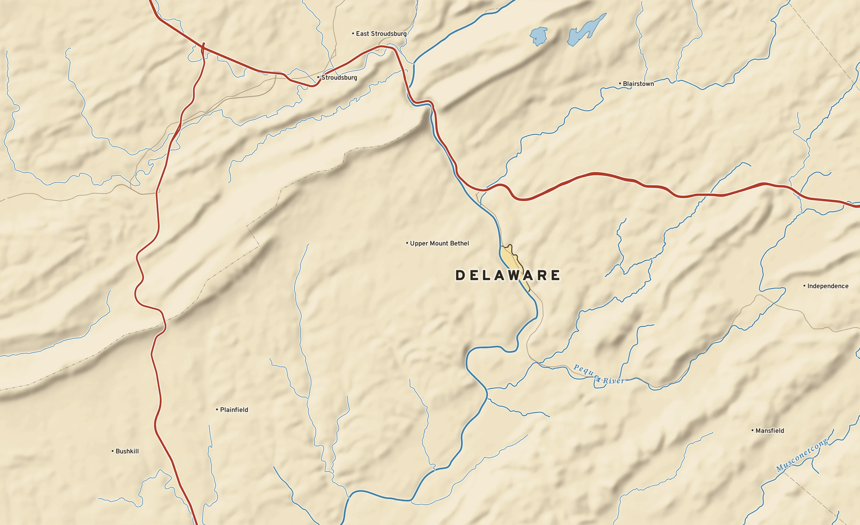 Shaded-relief atlas plate of Delaware, New Jersey: rivers, roads, the city limits and where the water drains.
