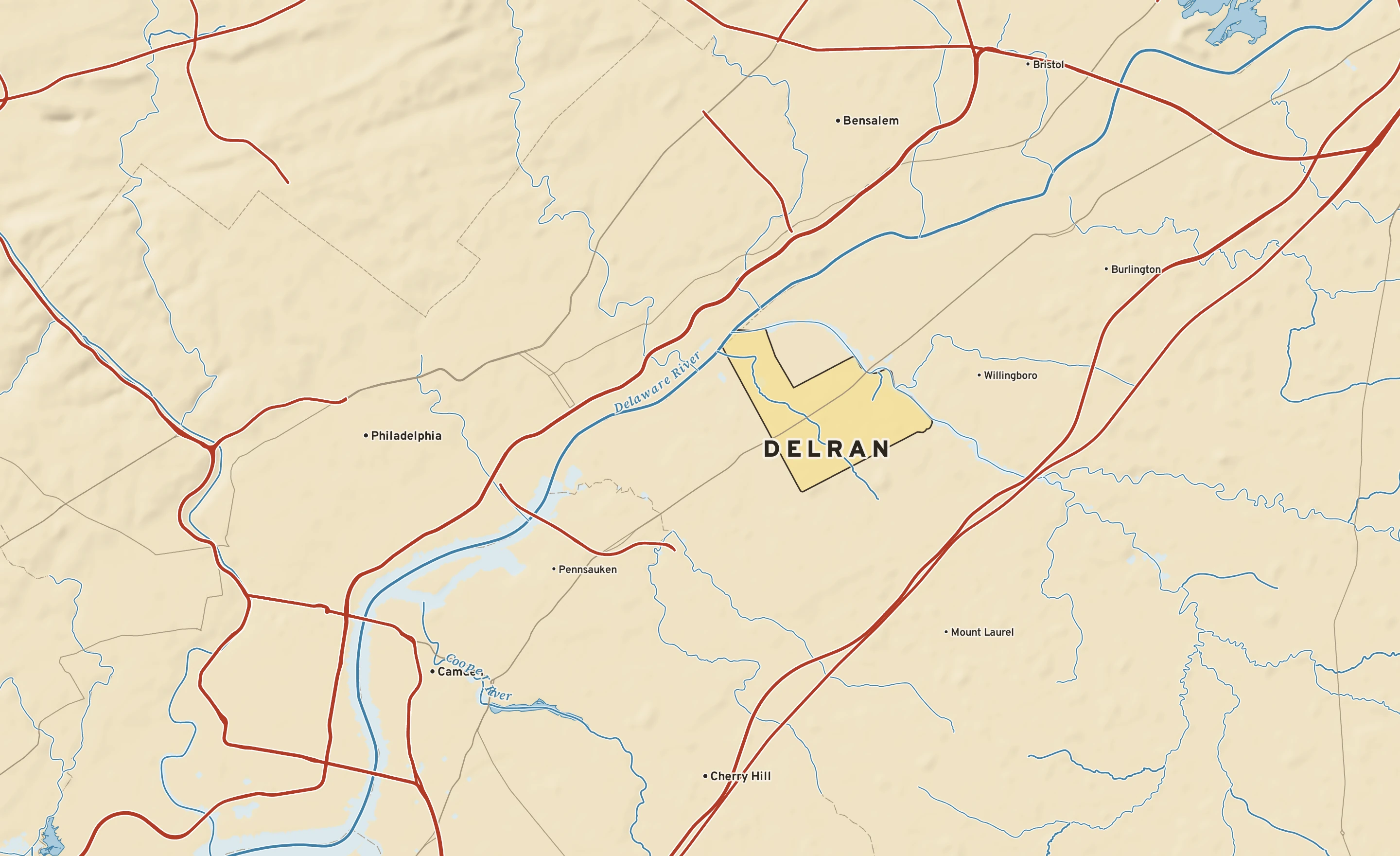 Shaded-relief atlas plate of Delran, New Jersey: rivers, roads, the city limits and where the water drains.