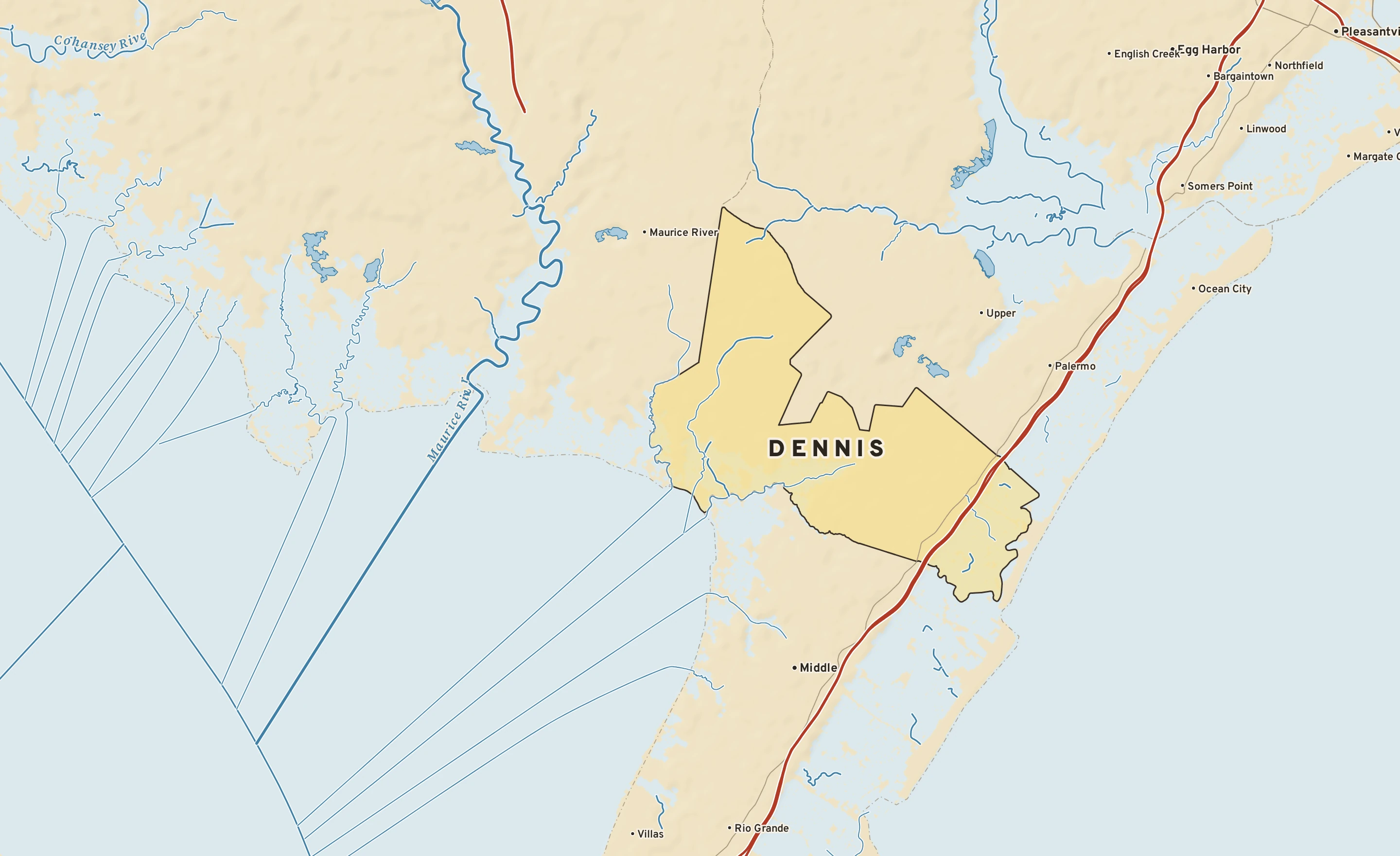 Shaded-relief atlas plate of Dennis, New Jersey: rivers, roads, the city limits and where the water drains.