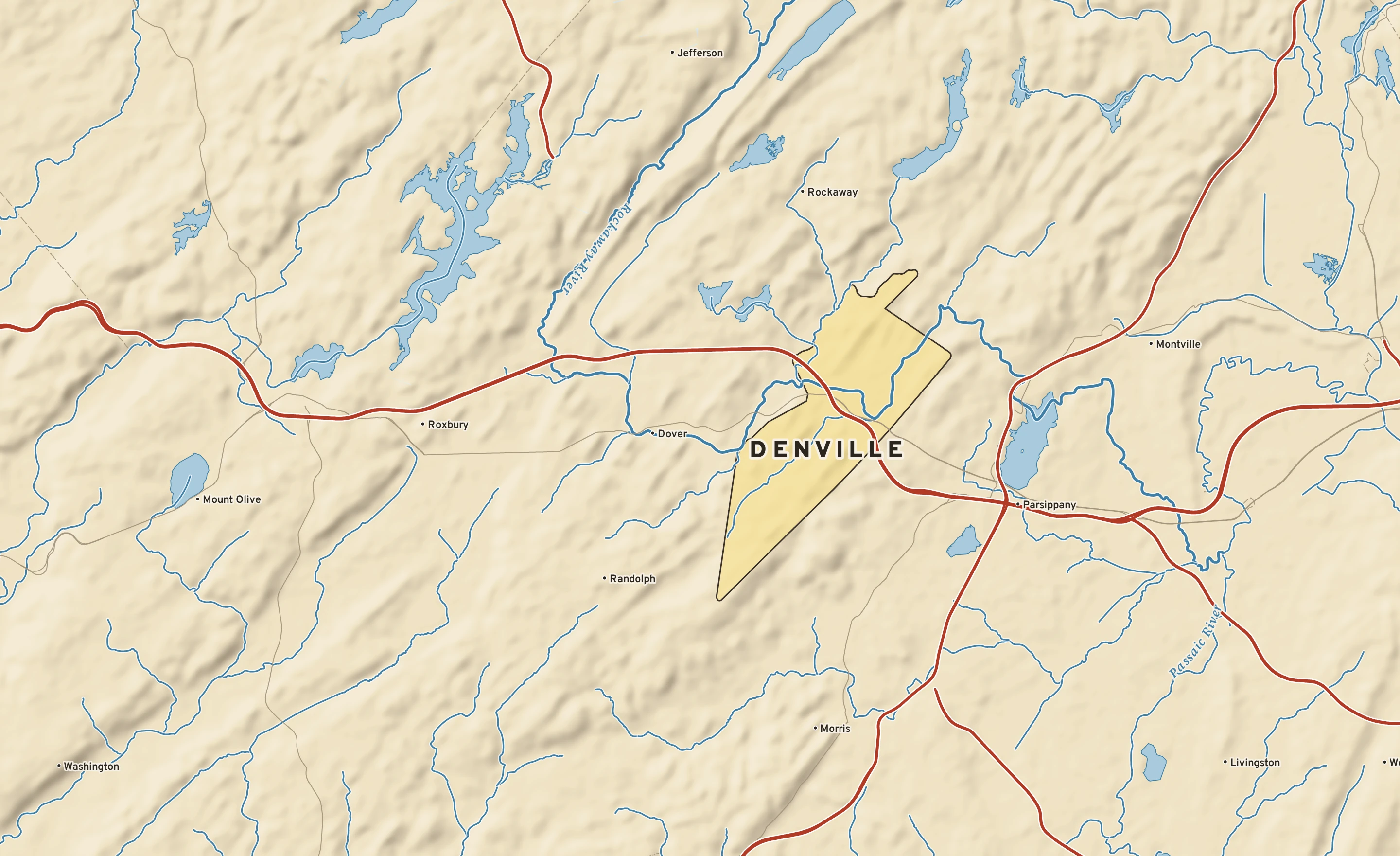 Shaded-relief atlas plate of Denville, New Jersey: rivers, roads, the city limits and where the water drains.