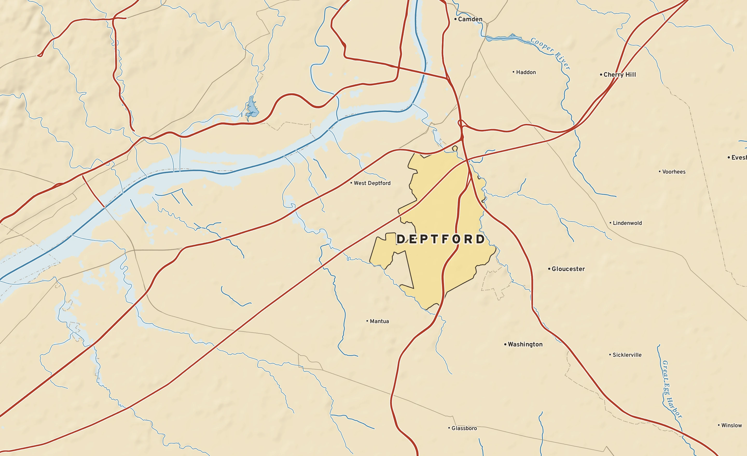 Shaded-relief atlas plate of Deptford, New Jersey: rivers, roads, the city limits and where the water drains.