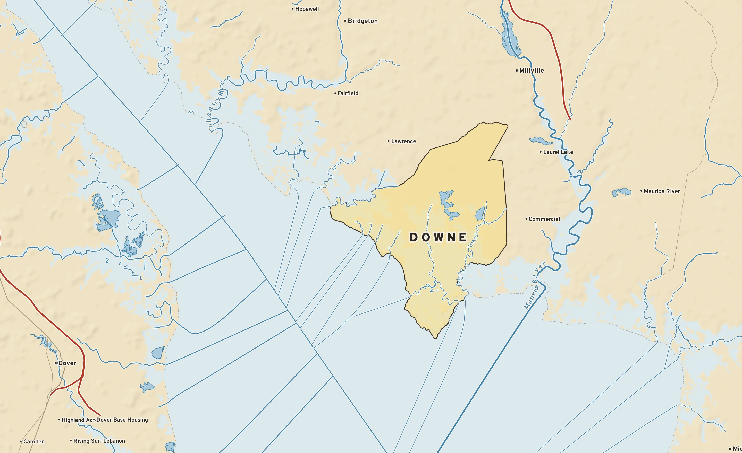 Shaded-relief atlas plate of Downe, New Jersey: rivers, roads, the city limits and where the water drains.