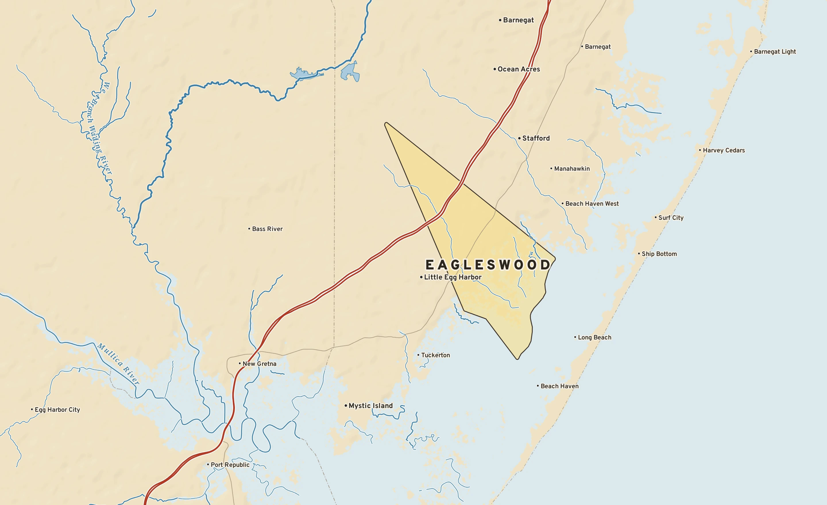 Shaded-relief atlas plate of Eagleswood, New Jersey: rivers, roads, the city limits and where the water drains.