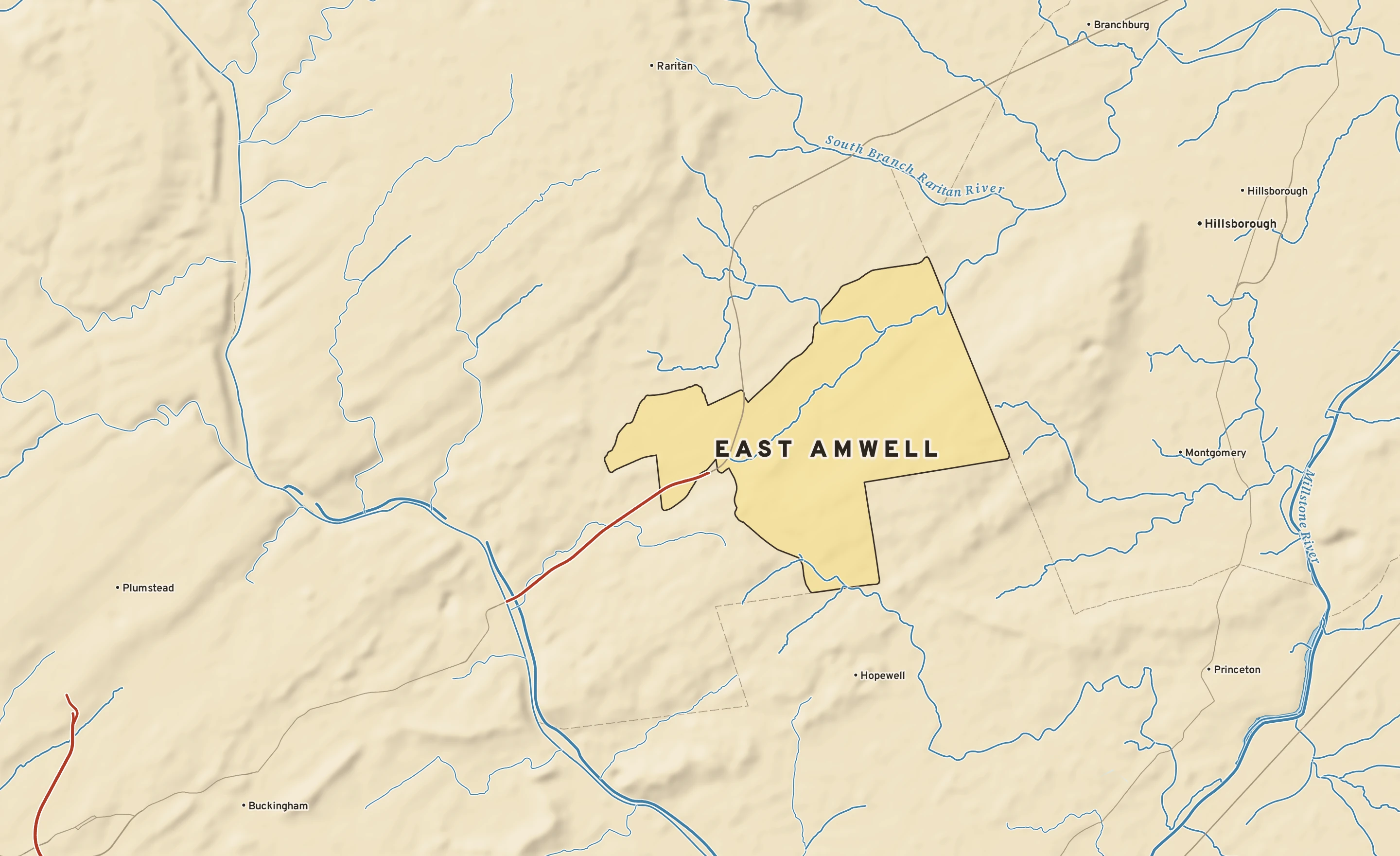 Shaded-relief atlas plate of East Amwell, New Jersey: rivers, roads, the city limits and where the water drains.