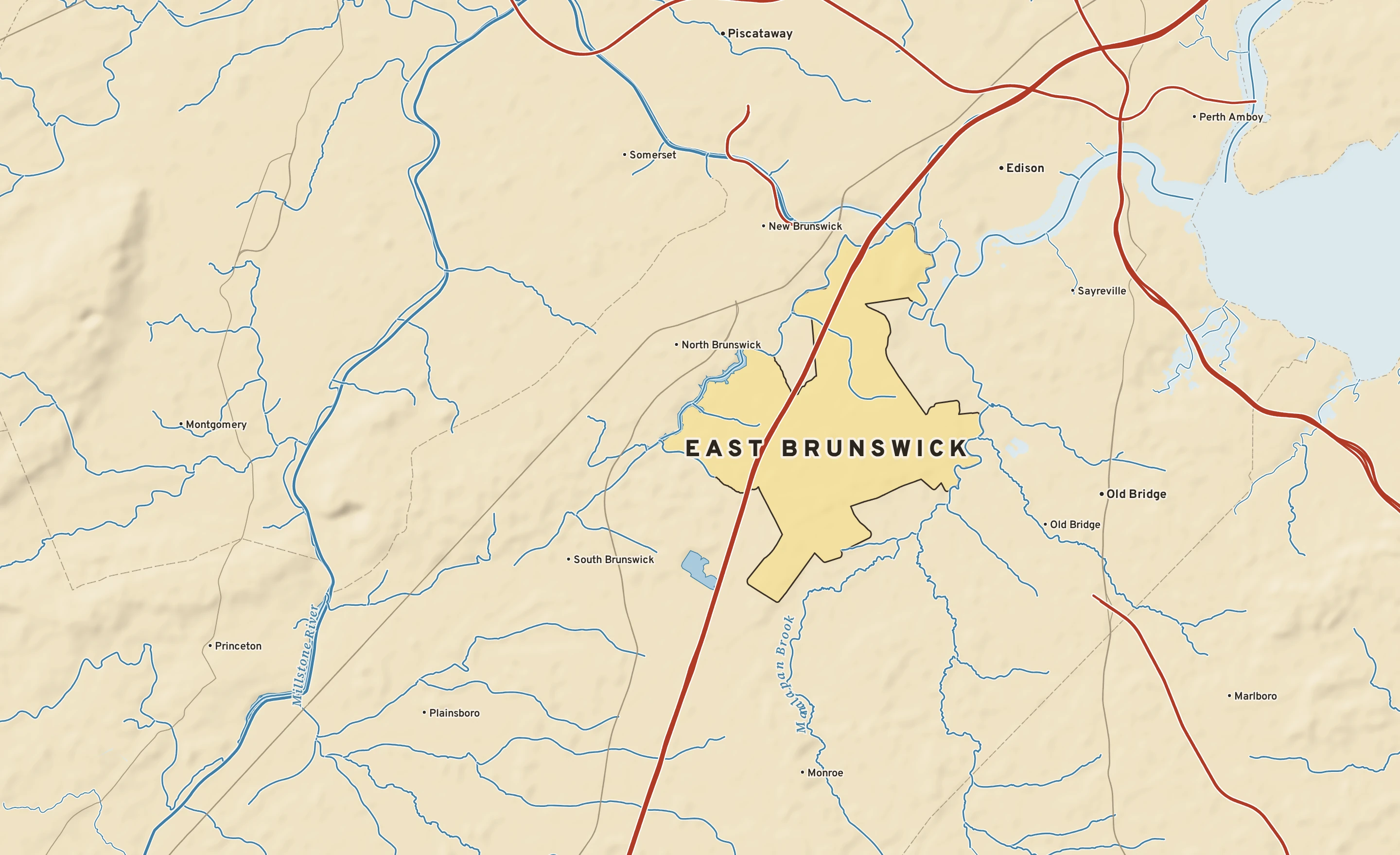 Shaded-relief atlas plate of East Brunswick, New Jersey: rivers, roads, the city limits and where the water drains.
