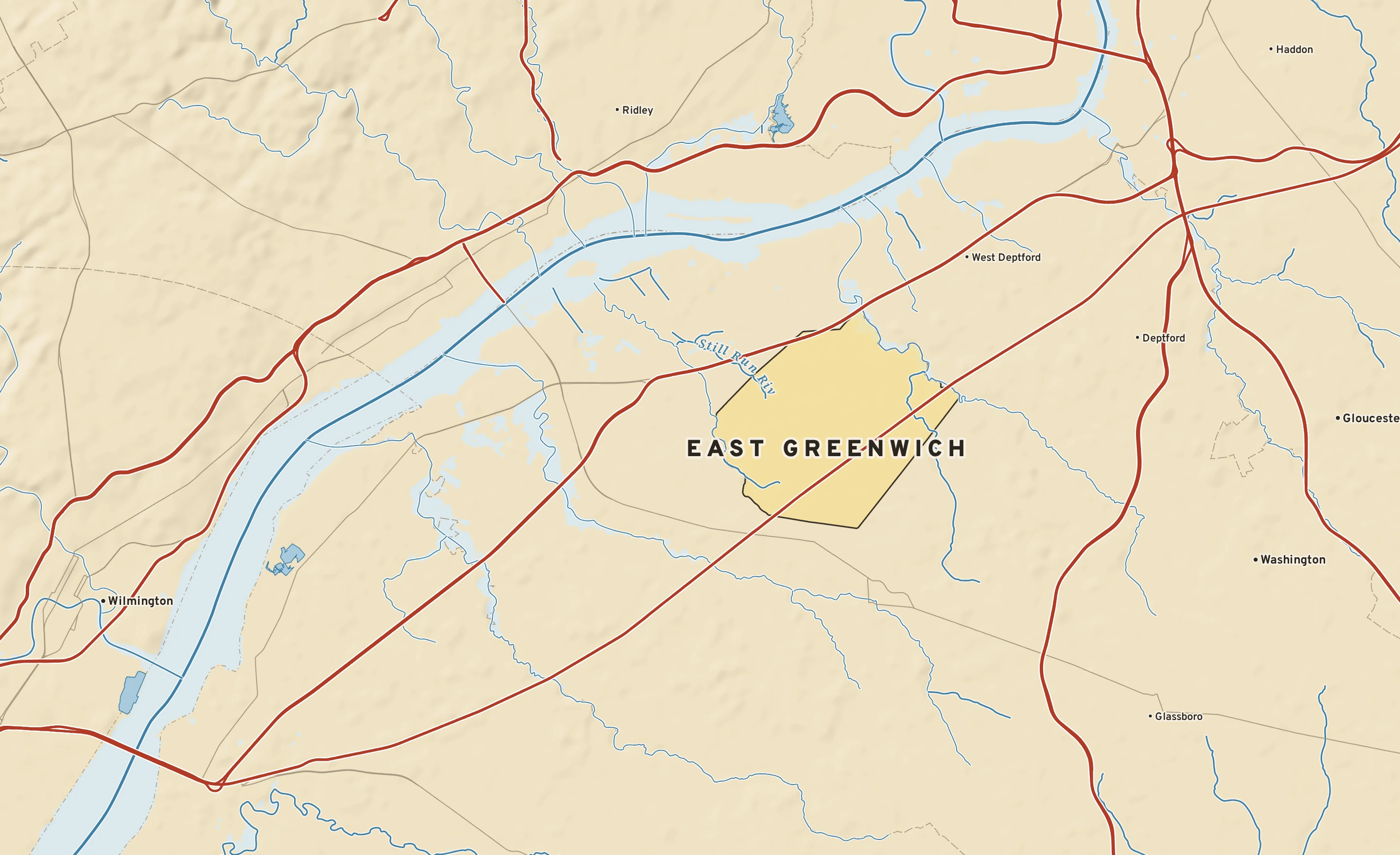 Shaded-relief atlas plate of East Greenwich, New Jersey: rivers, roads, the city limits and where the water drains.