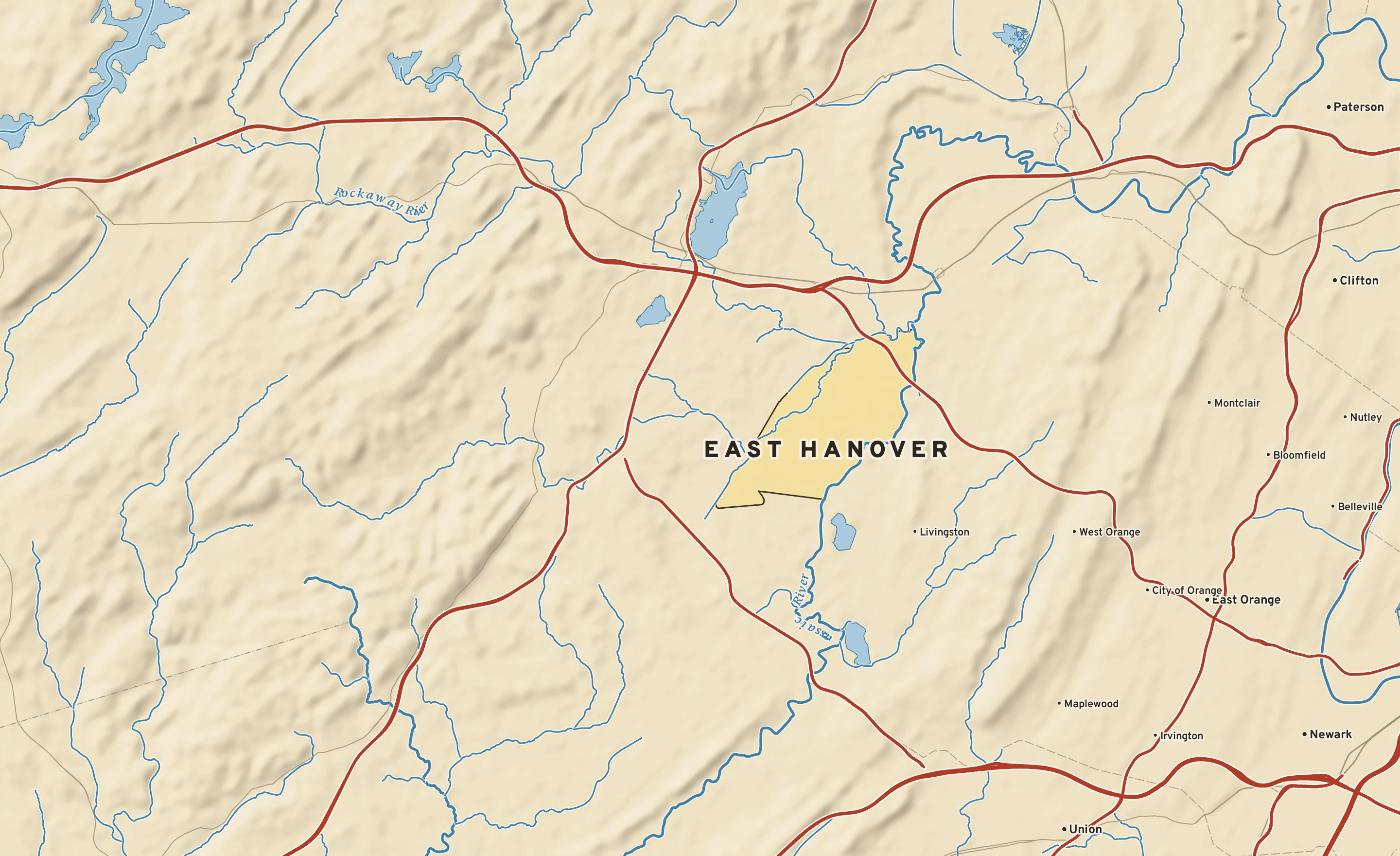 Shaded-relief atlas plate of East Hanover, New Jersey: rivers, roads, the city limits and where the water drains.