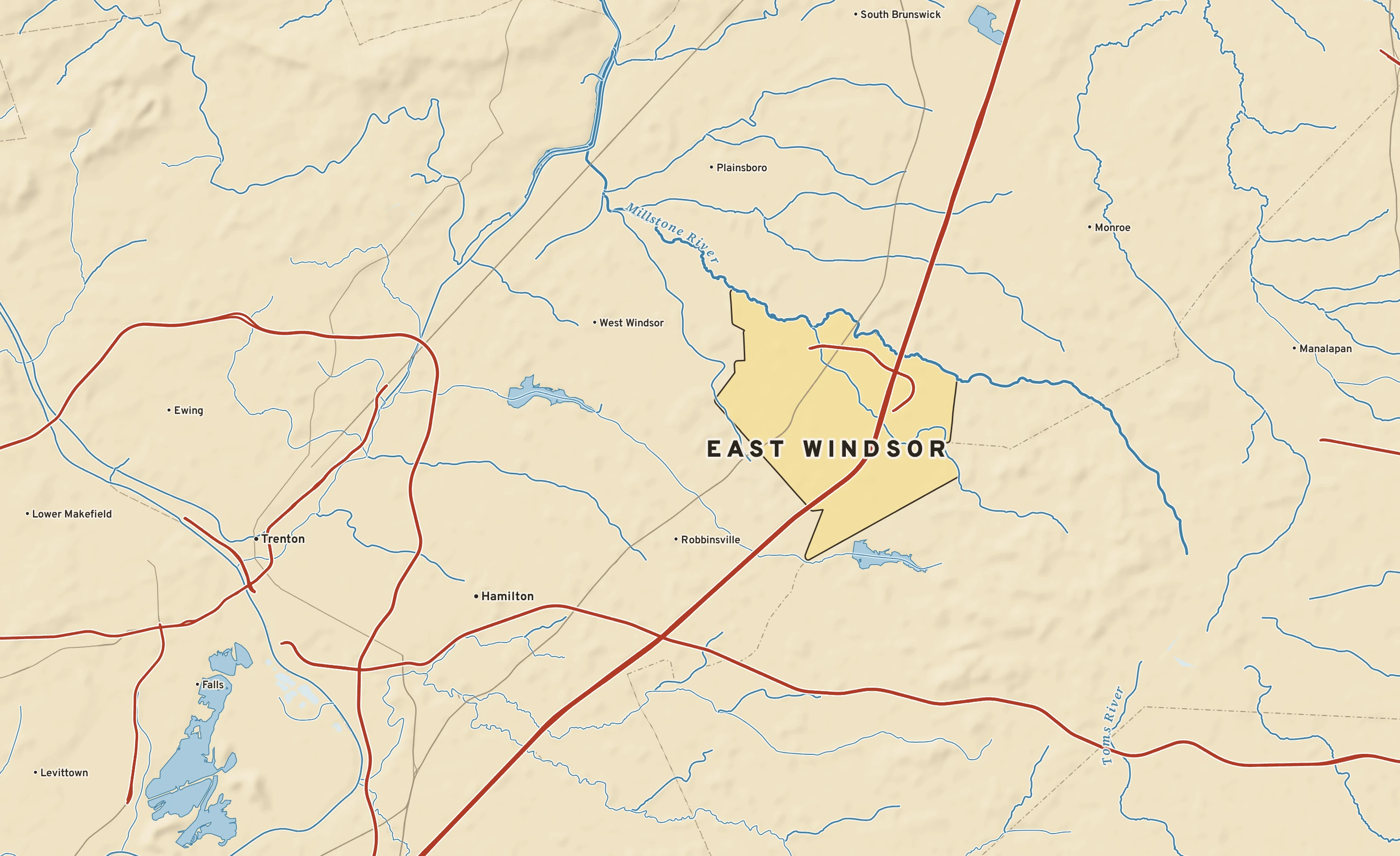 Shaded-relief atlas plate of East Windsor, New Jersey: rivers, roads, the city limits and where the water drains.
