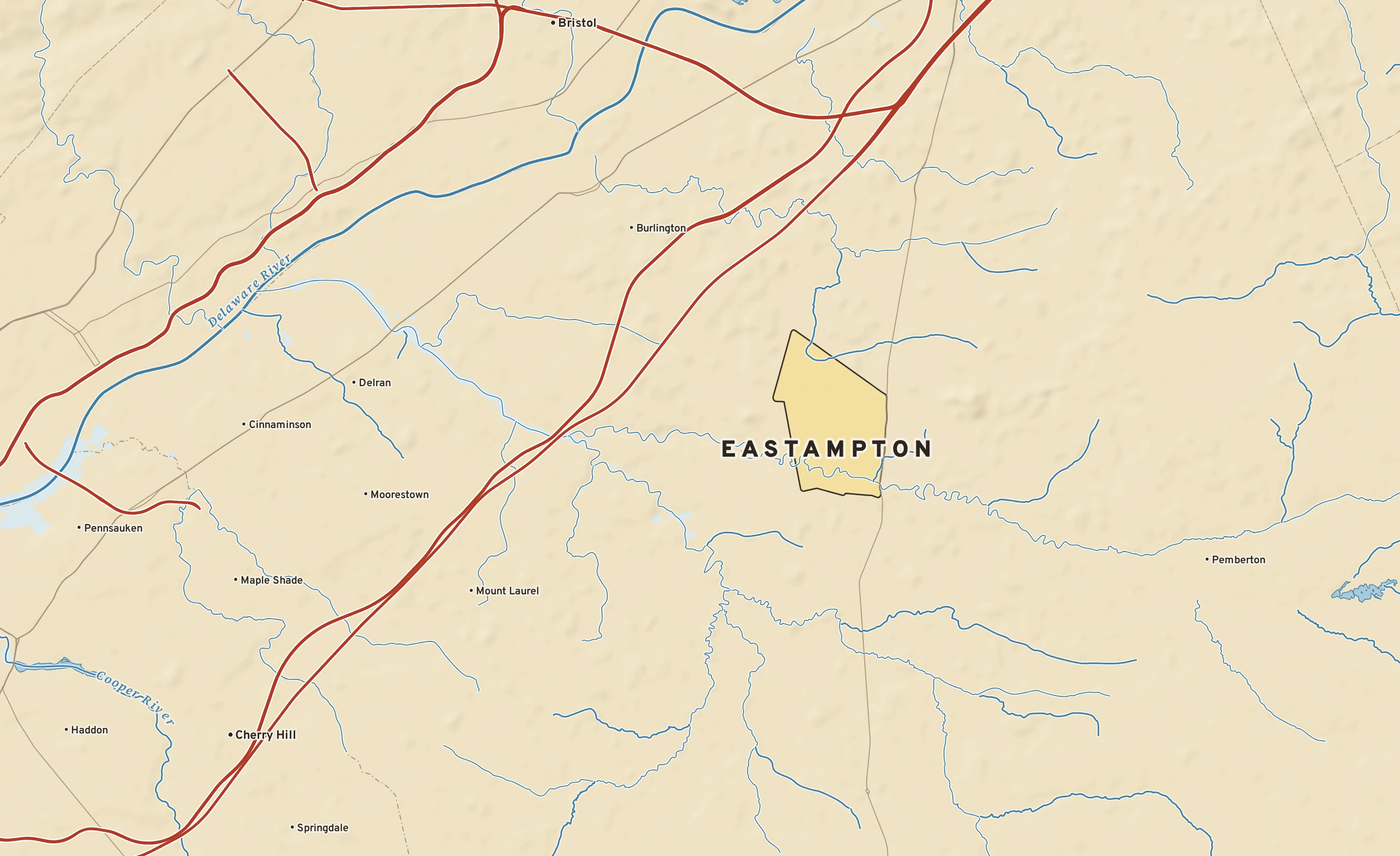 Shaded-relief atlas plate of Eastampton, New Jersey: rivers, roads, the city limits and where the water drains.