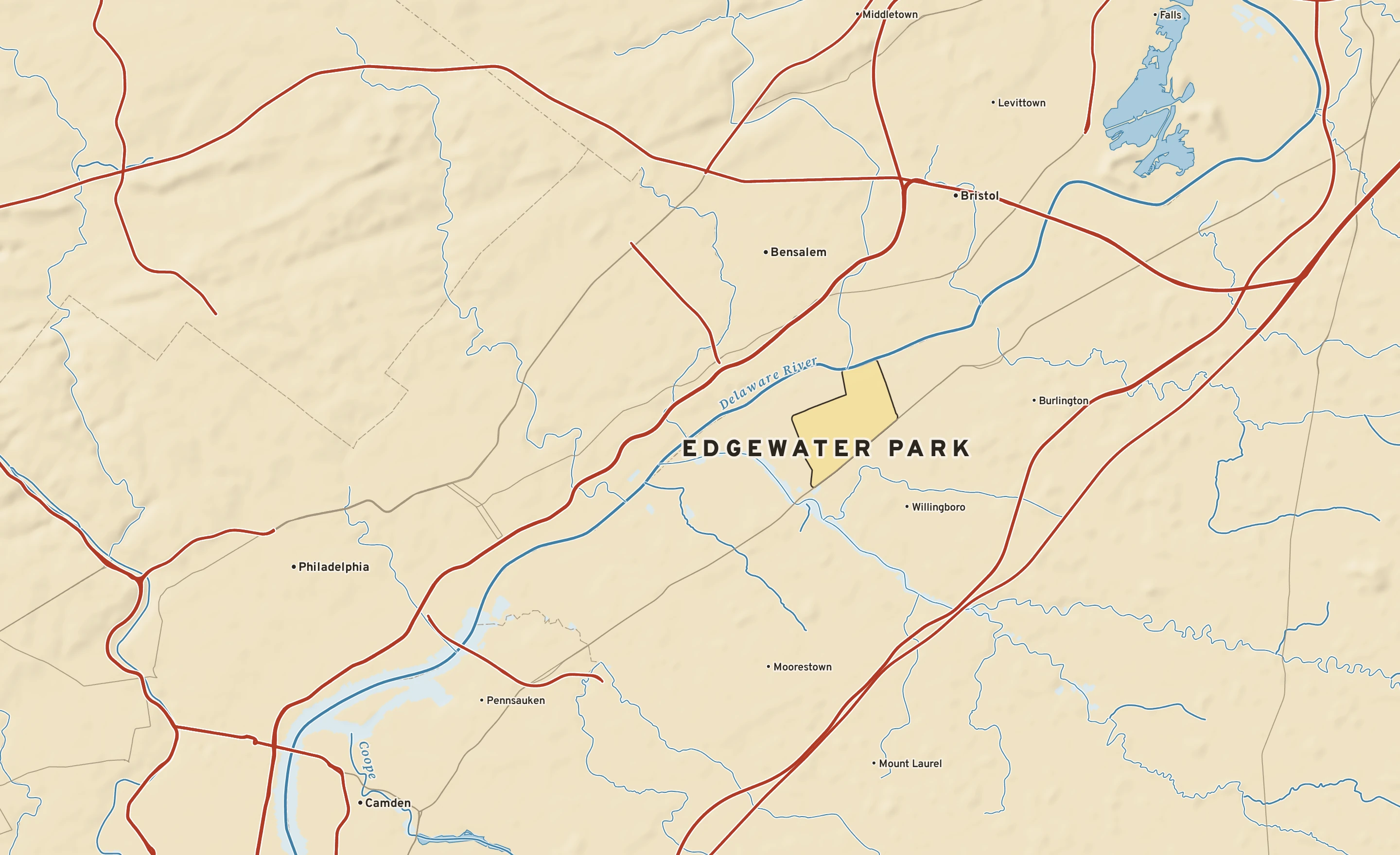 Shaded-relief atlas plate of Edgewater Park, New Jersey: rivers, roads, the city limits and where the water drains.