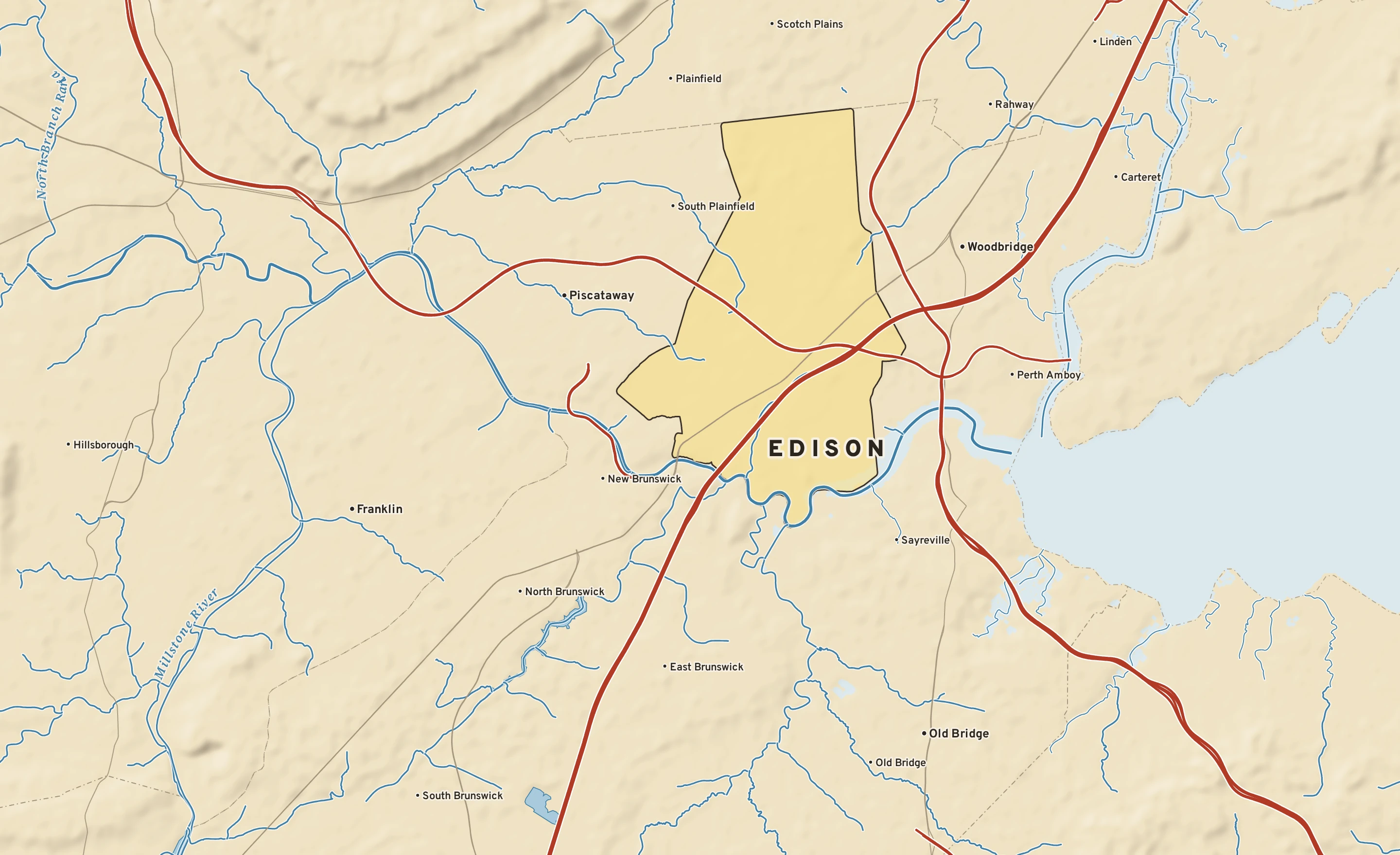 Shaded-relief atlas plate of Edison, New Jersey: rivers, roads, the city limits and where the water drains.