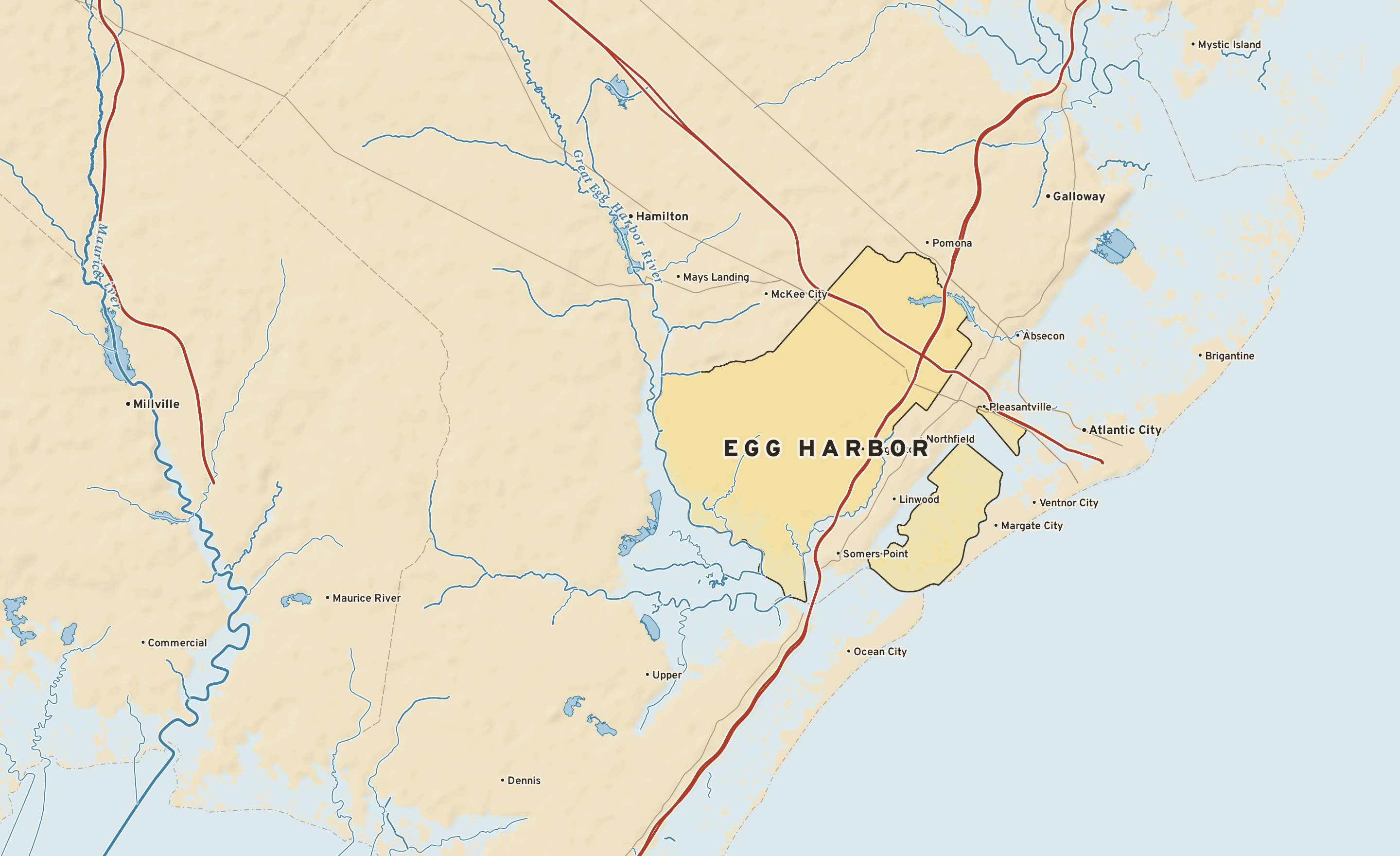Shaded-relief atlas plate of Egg Harbor, New Jersey: rivers, roads, the city limits and where the water drains.