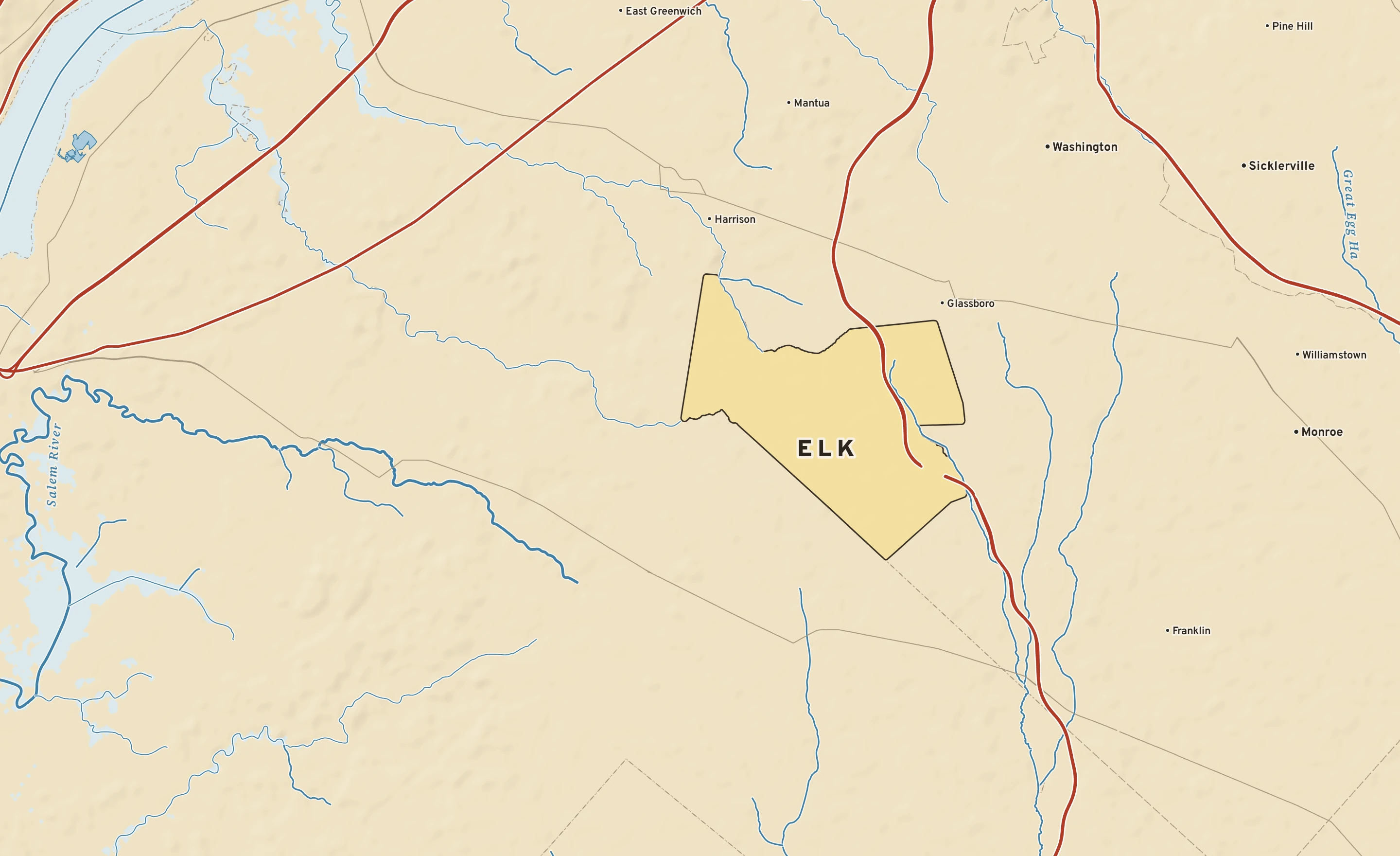 Shaded-relief atlas plate of Elk, New Jersey: rivers, roads, the city limits and where the water drains.