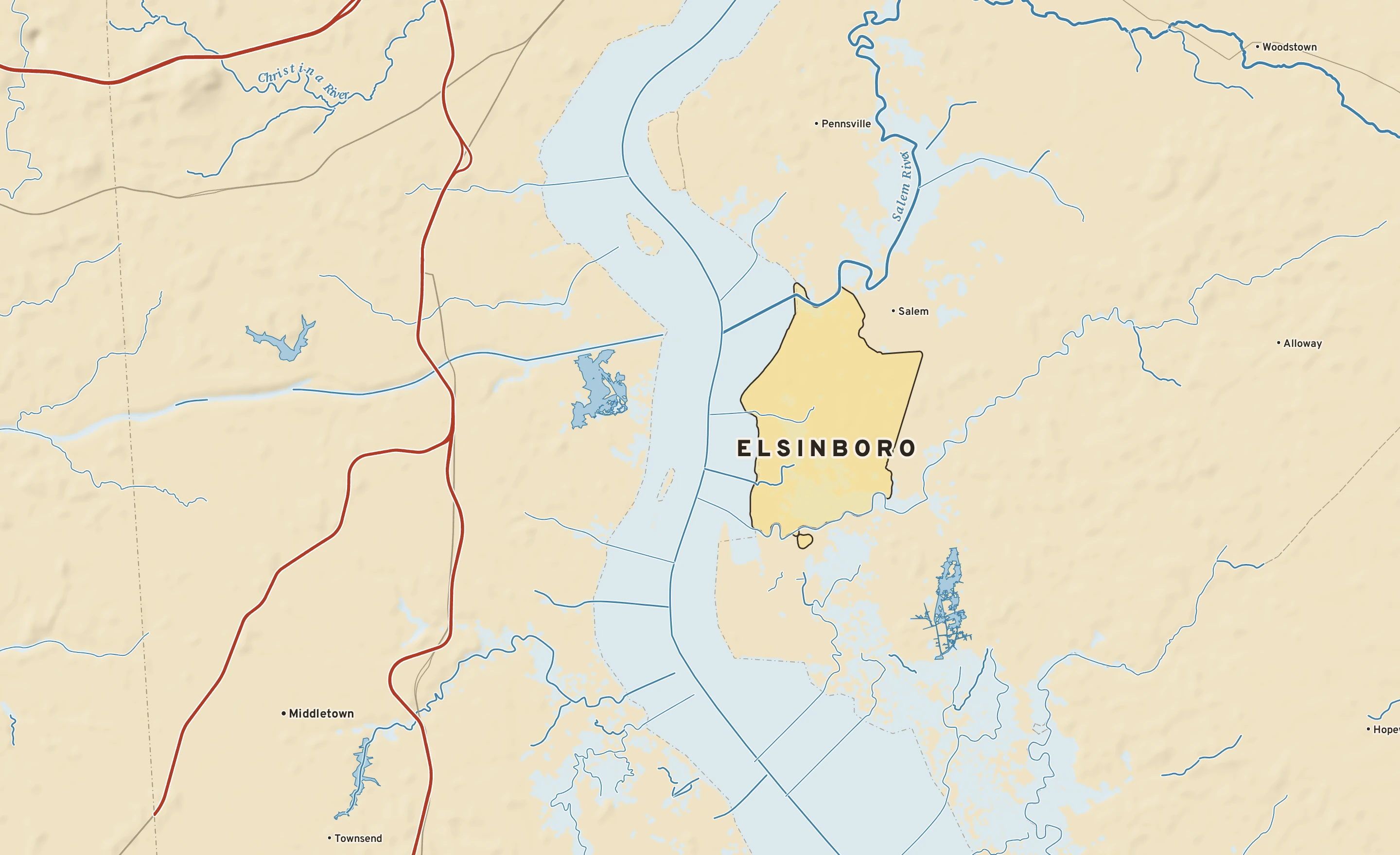 Shaded-relief atlas plate of Elsinboro, New Jersey: rivers, roads, the city limits and where the water drains.