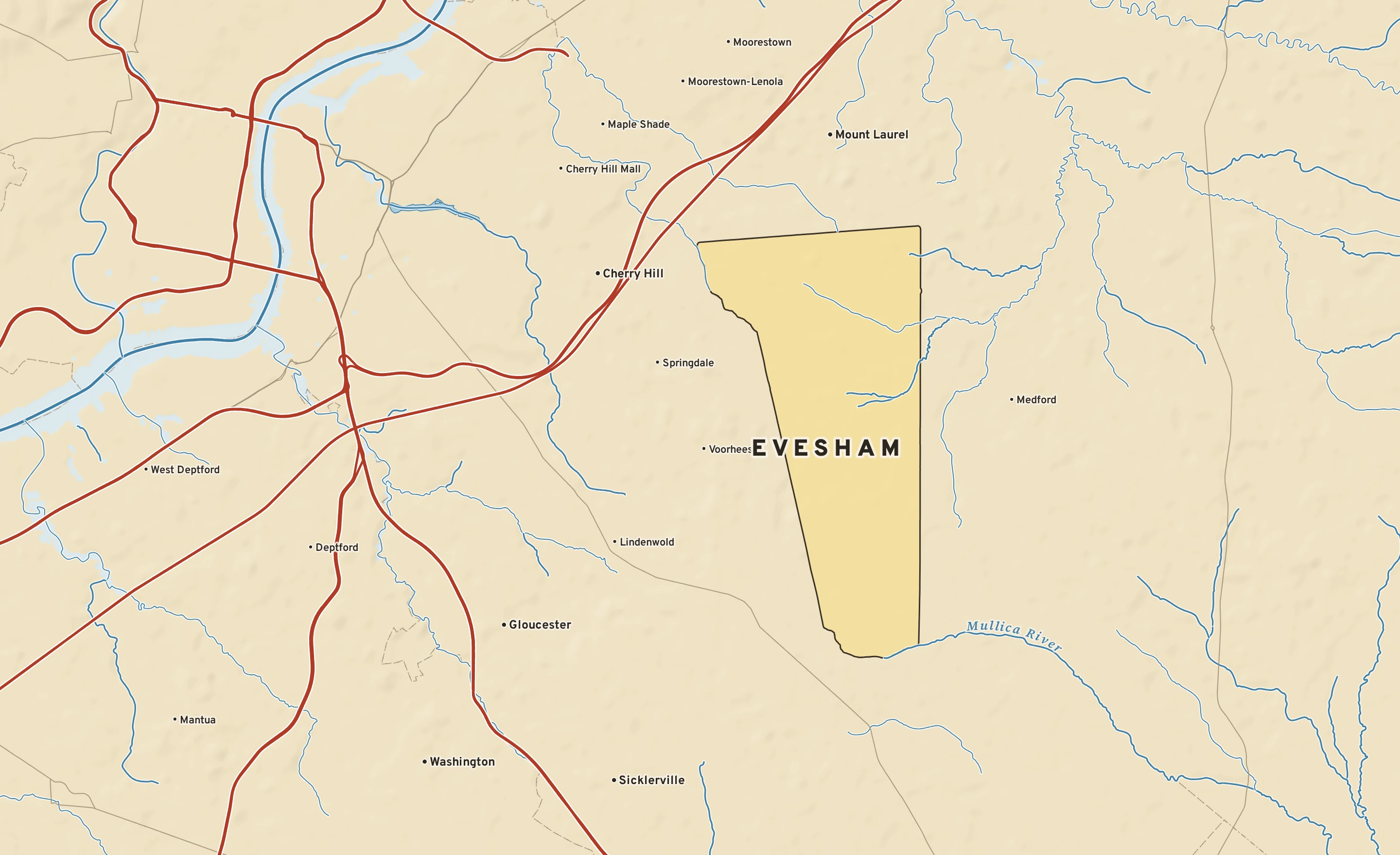 Shaded-relief atlas plate of Evesham, New Jersey: rivers, roads, the city limits and where the water drains.