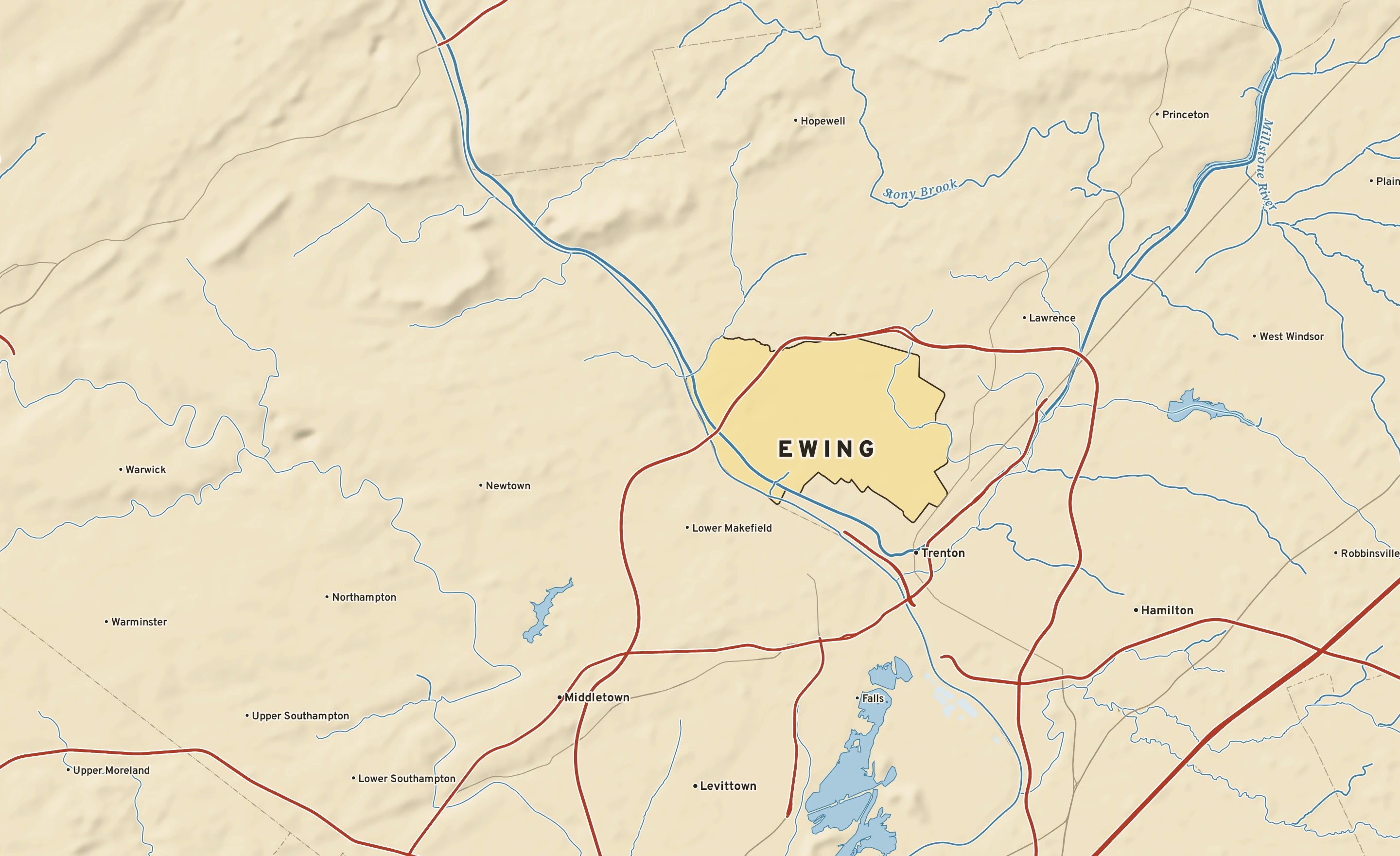 Shaded-relief atlas plate of Ewing, New Jersey: rivers, roads, the city limits and where the water drains.