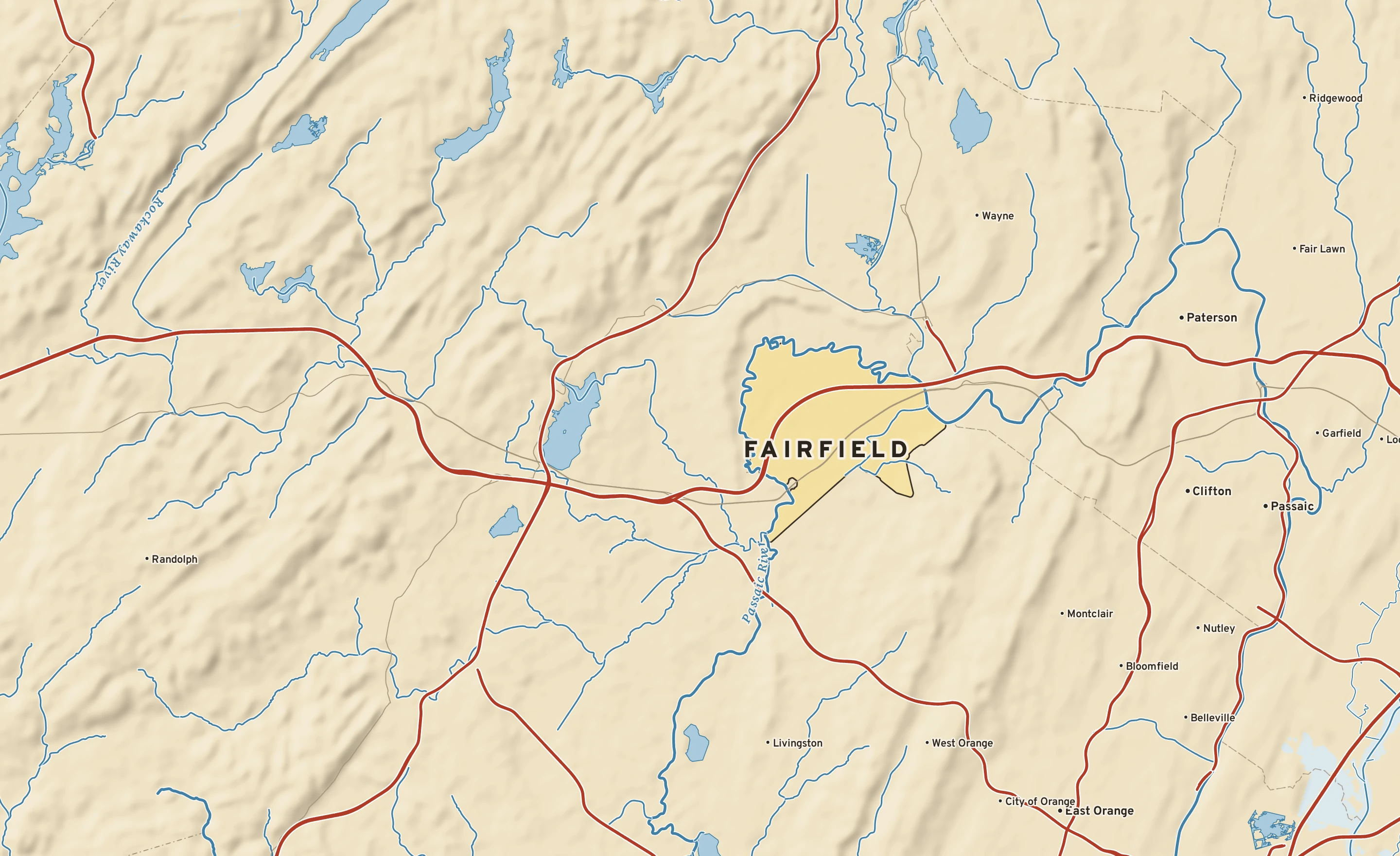 Shaded-relief atlas plate of Fairfield, New Jersey: rivers, roads, the city limits and where the water drains.