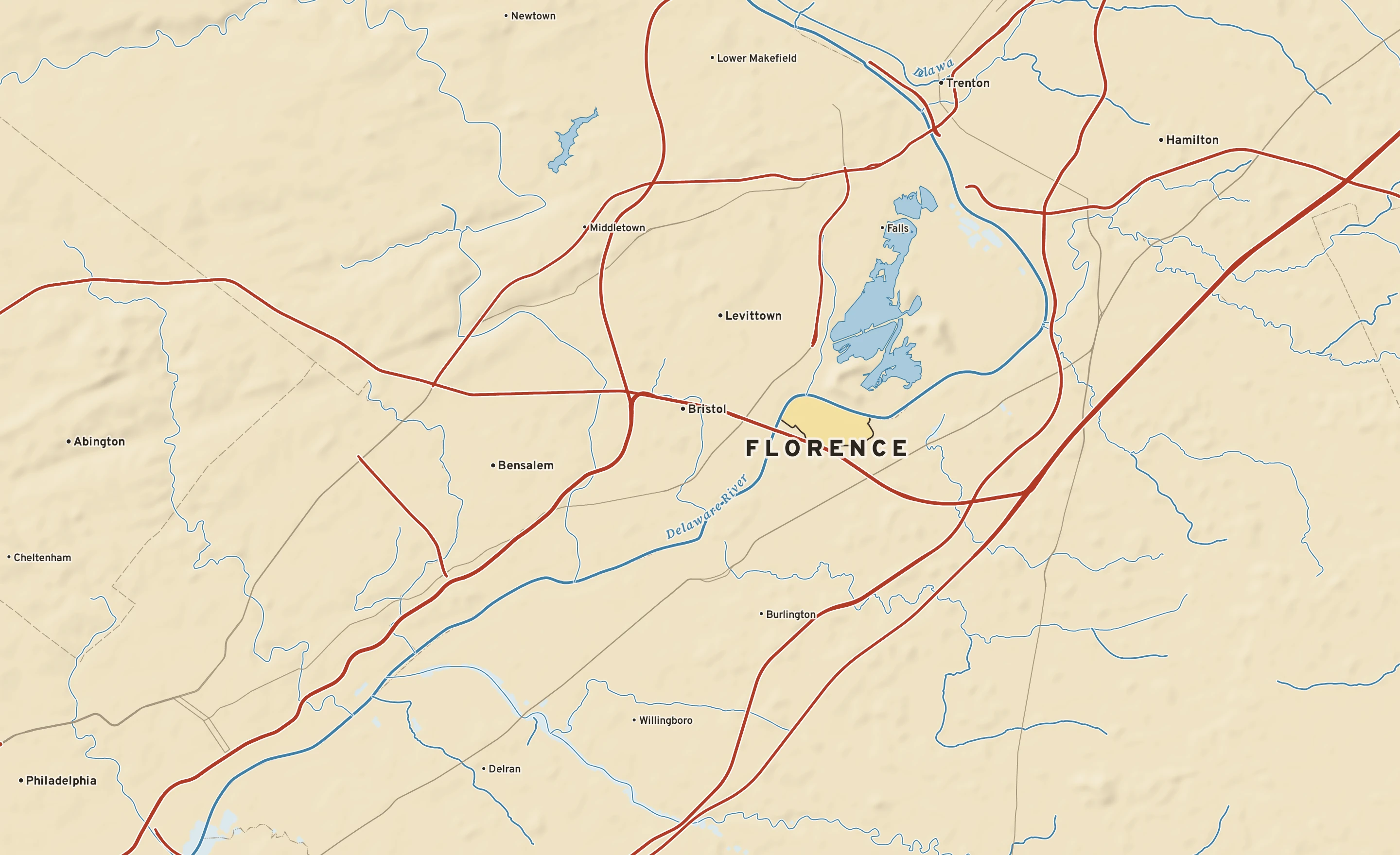 Shaded-relief atlas plate of Florence, New Jersey: rivers, roads, the city limits and where the water drains.