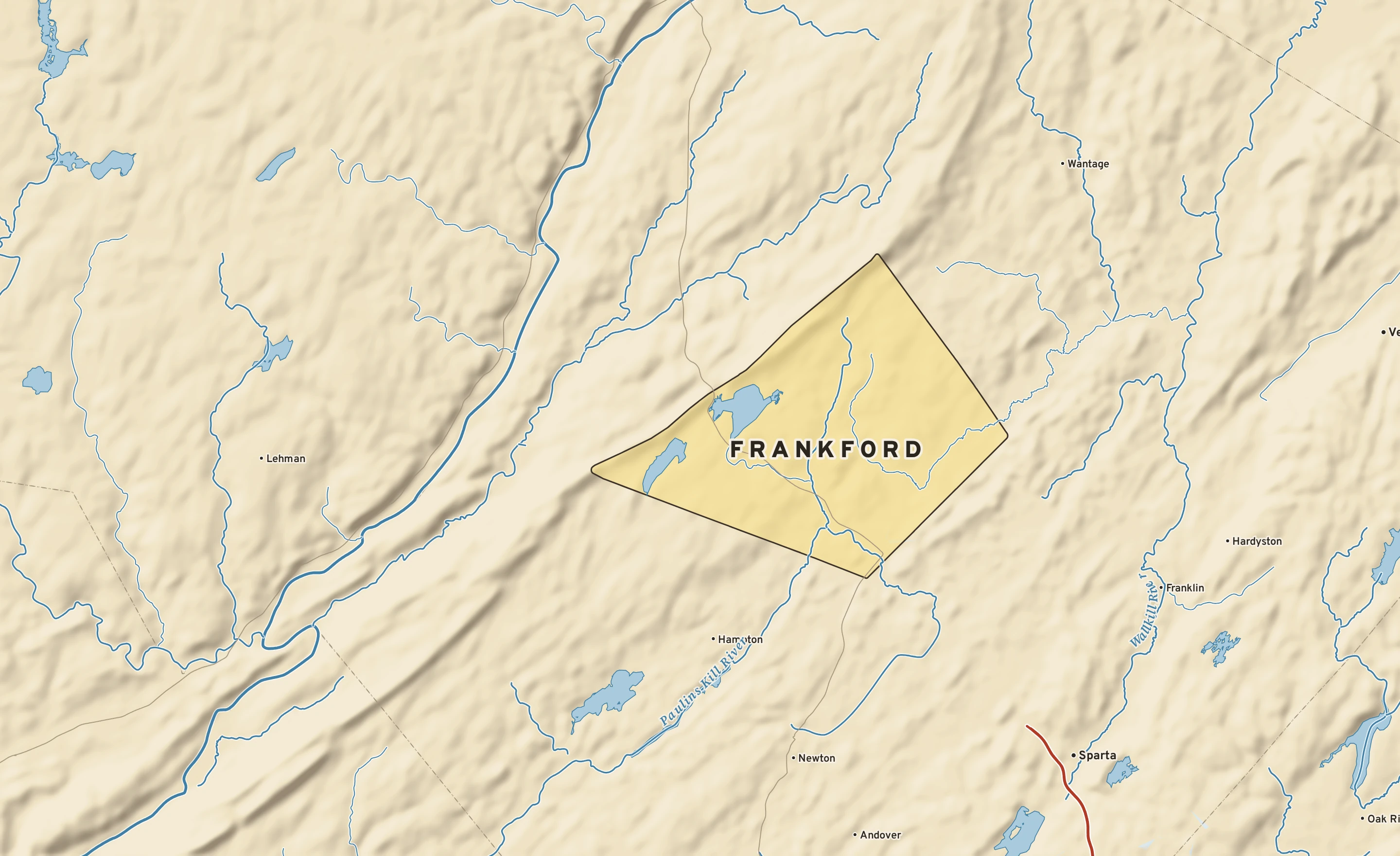 Shaded-relief atlas plate of Frankford, New Jersey: rivers, roads, the city limits and where the water drains.