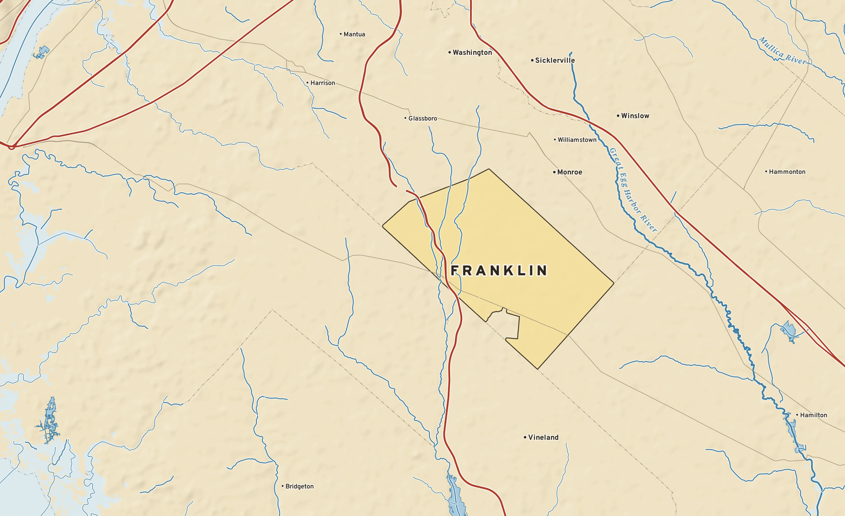 Shaded-relief atlas plate of Franklin, New Jersey: rivers, roads, the city limits and where the water drains.